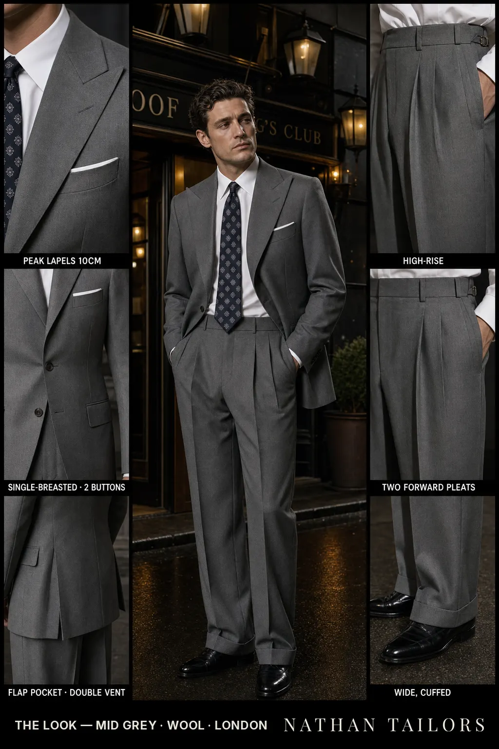 mid grey single-breasted peak-lapel bespoke suit — AI-rendered by Nathan Tailors, the Hoi An custom tailor. Available as a custom tailored suit from $149.