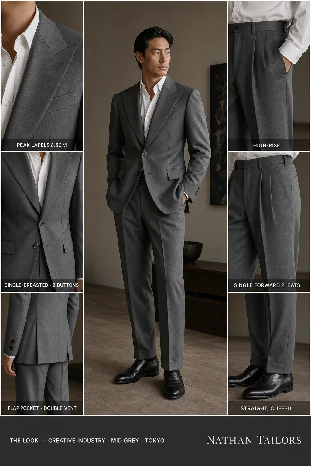 mid grey single-breasted peak-lapel bespoke suit — AI-rendered by Nathan Tailors, the Hoi An custom tailor. Available as a custom tailored suit from $149.