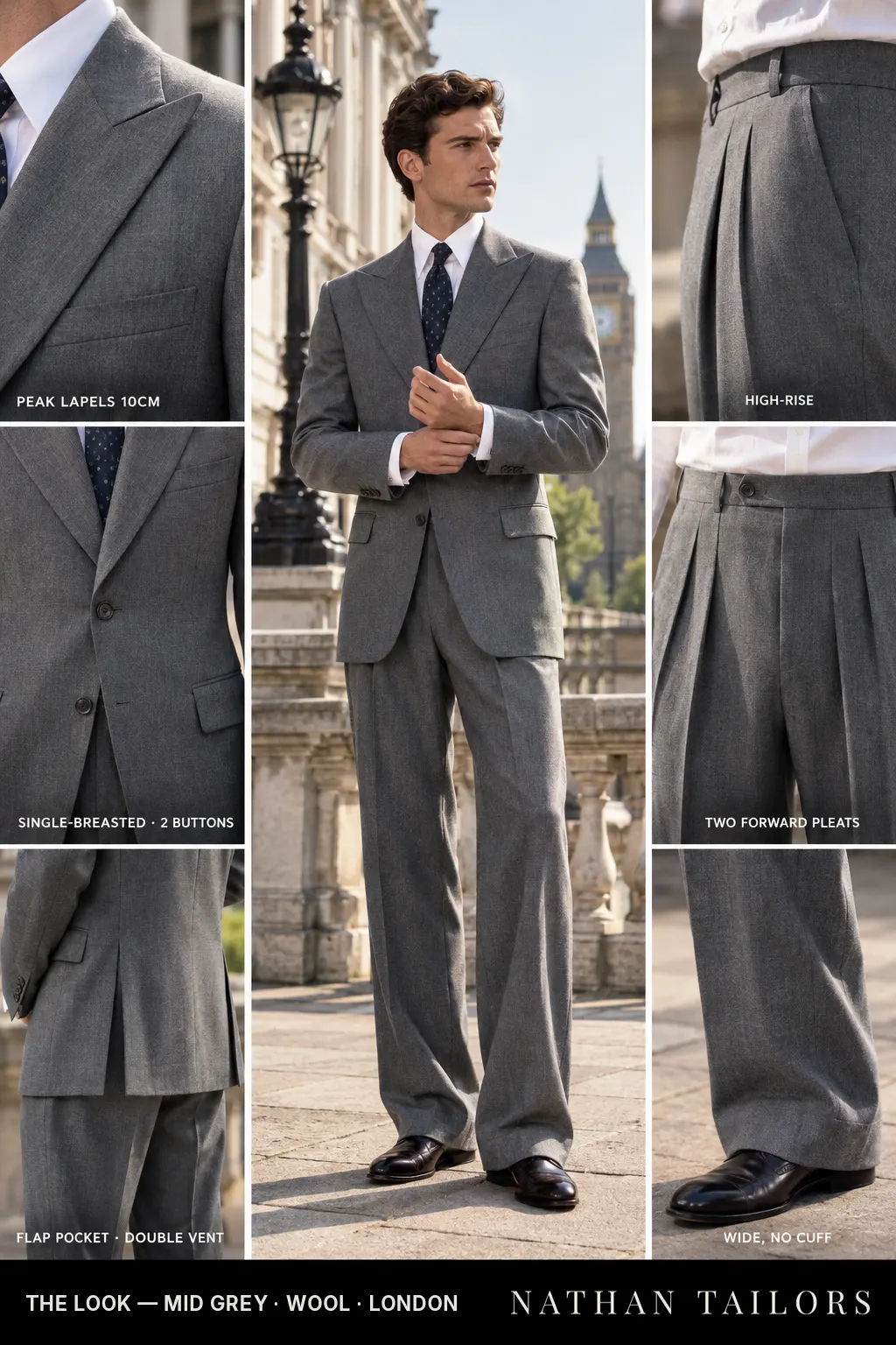 mid grey single-breasted bespoke suit โ custom tailored by Nathan Tailors, the Hoi An custom tailor