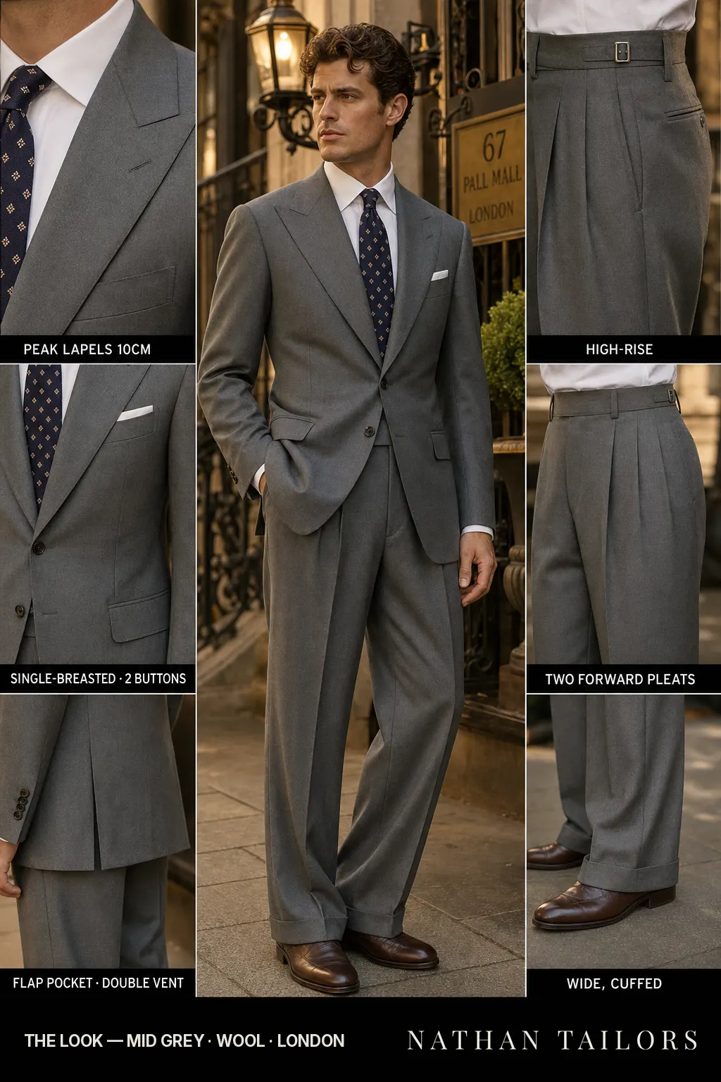 mid grey single-breasted peak-lapel bespoke suit — AI-rendered by Nathan Tailors, the Hoi An custom tailor. Available as a custom tailored suit from $149.
