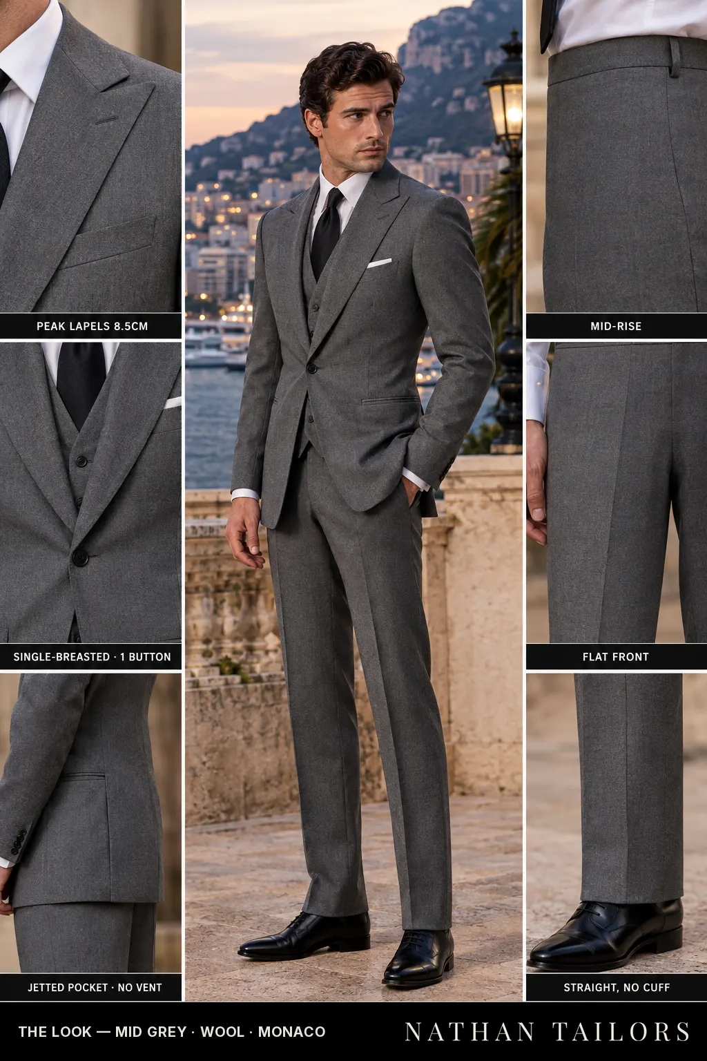 mid grey single-breasted bespoke suit — custom tailored by Nathan Tailors, the Hoi An custom tailor