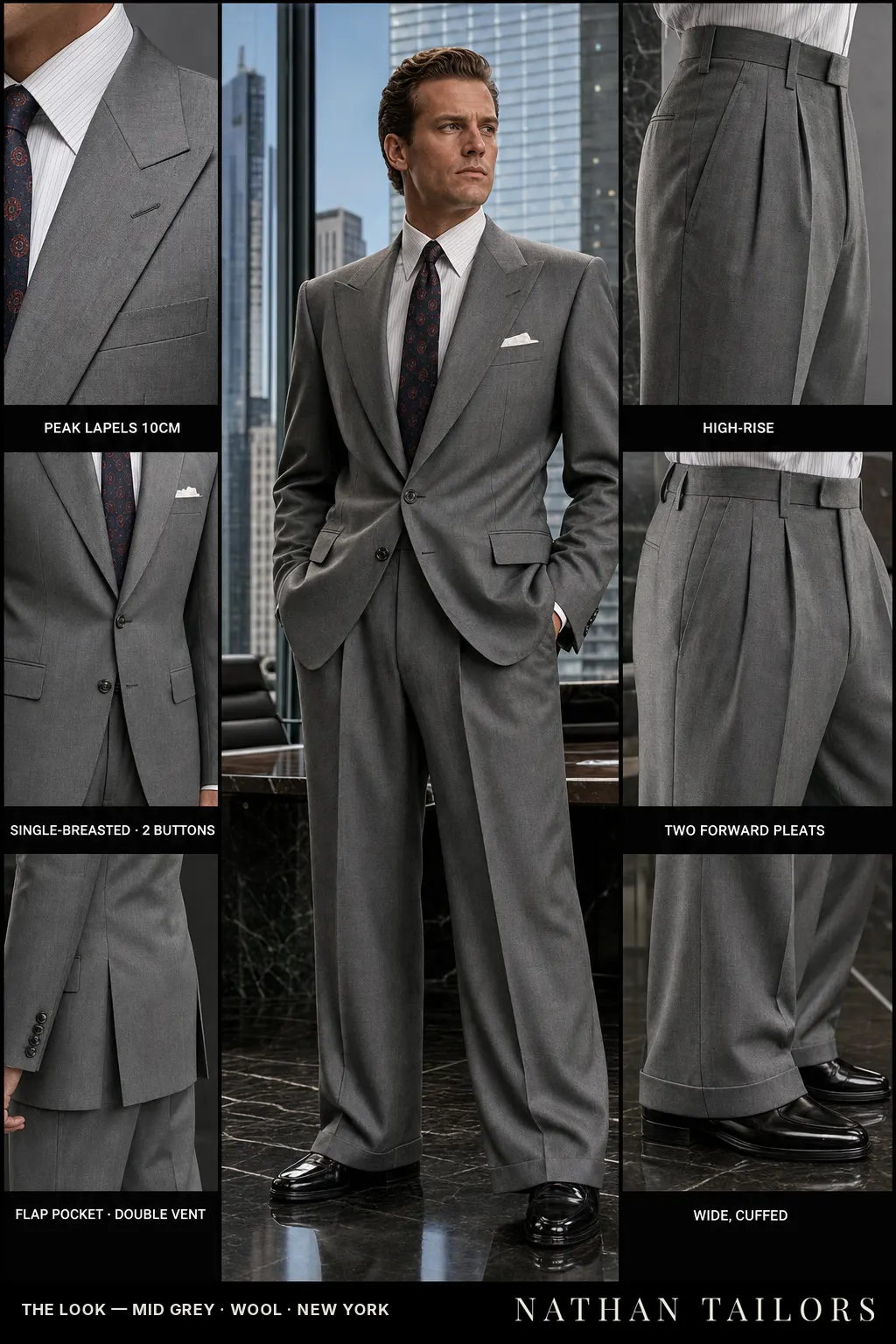 mid grey single-breasted peak-lapel bespoke suit — AI-rendered by Nathan Tailors, the Hoi An custom tailor. Available as a custom tailored suit from $149.