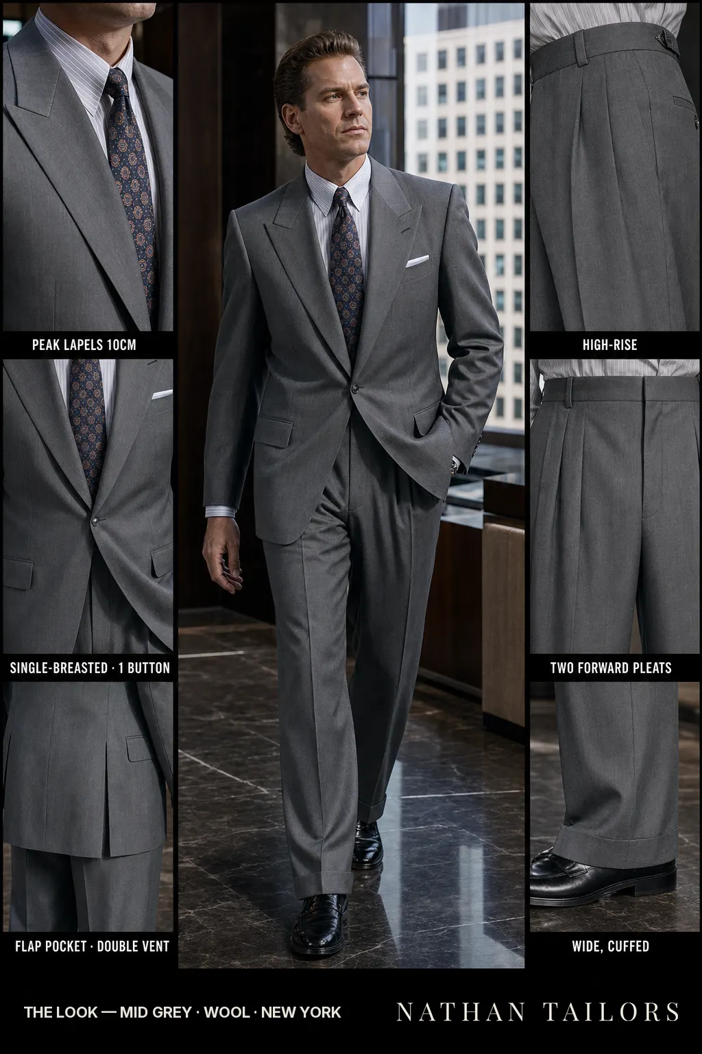 mid grey single-breasted peak-lapel bespoke suit — AI-rendered by Nathan Tailors, the Hoi An custom tailor. Available as a custom tailored suit from $149.