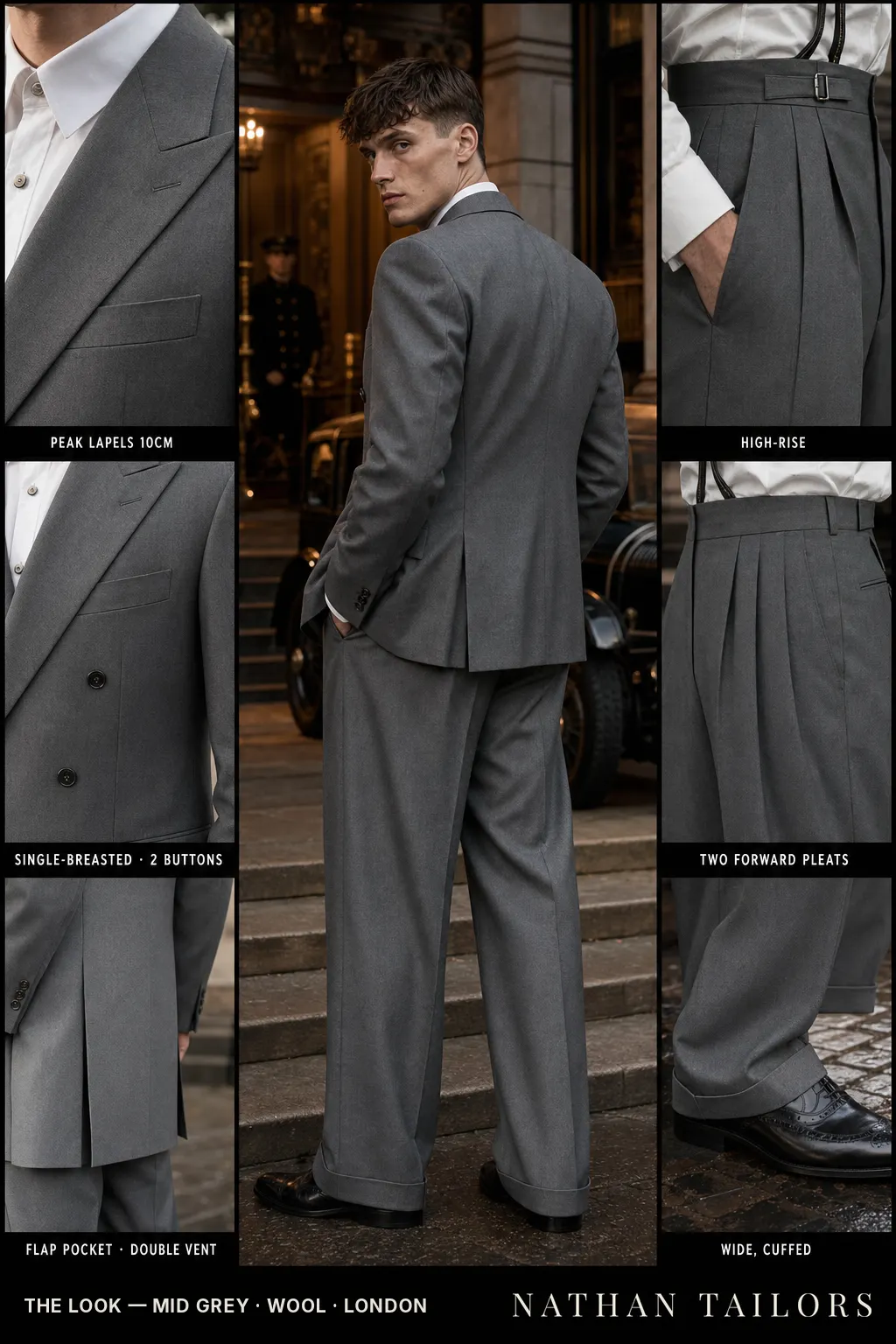 mid grey single-breasted peak-lapel bespoke suit — AI-rendered by Nathan Tailors, the Hoi An custom tailor. Available as a custom tailored suit from $149.