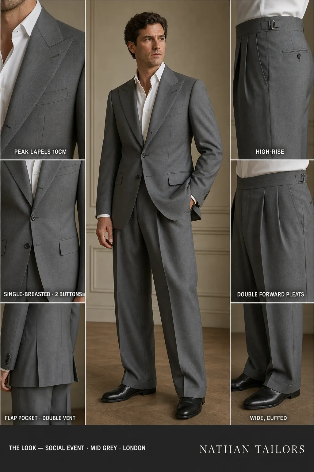mid grey single-breasted peak-lapel bespoke suit โ AI-rendered by Nathan Tailors, the Hoi An custom tailor. Available as a custom tailored suit from $149.