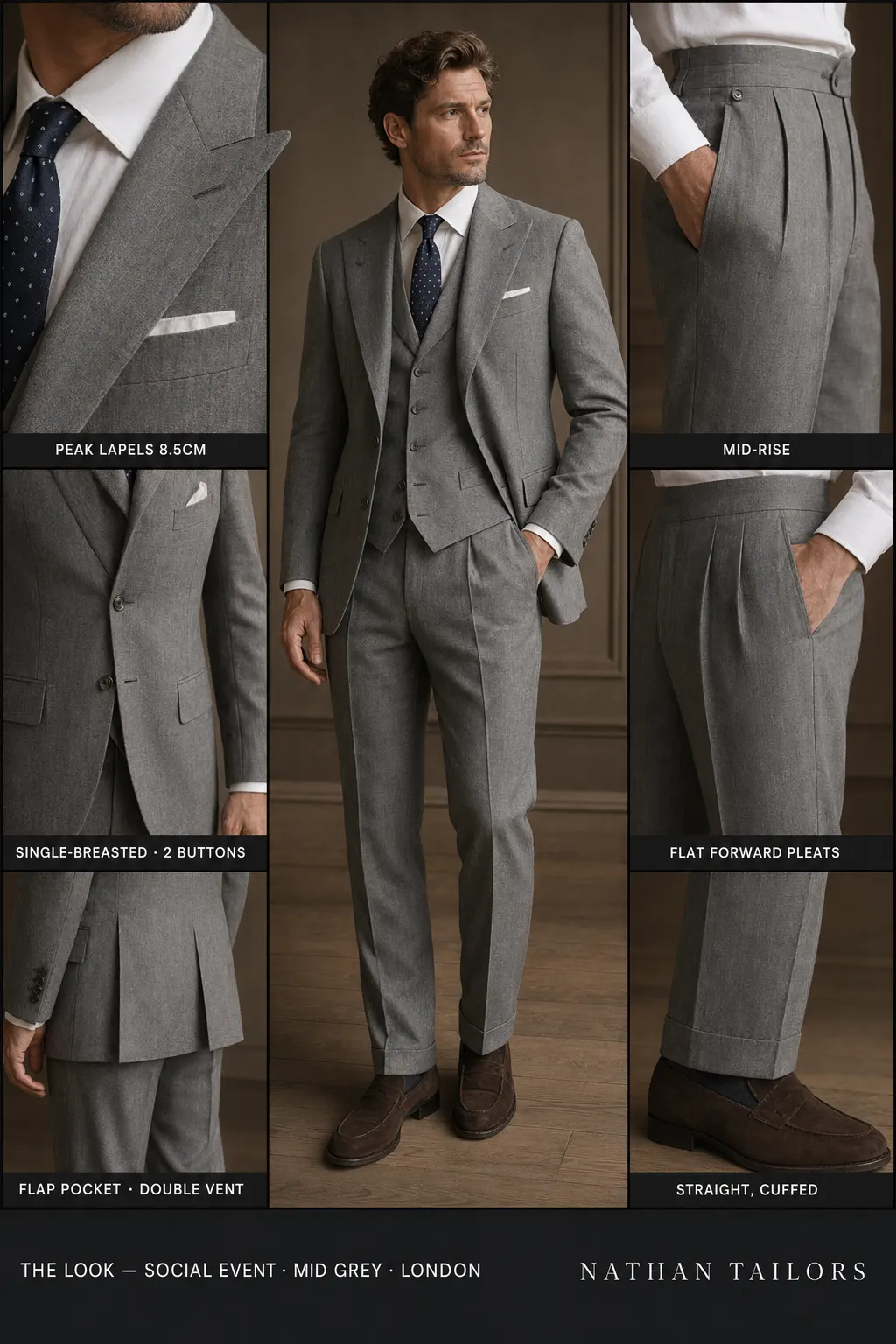 mid grey single-breasted peak-lapel bespoke suit — AI-rendered by Nathan Tailors, the Hoi An custom tailor. Available as a custom tailored suit from $149.