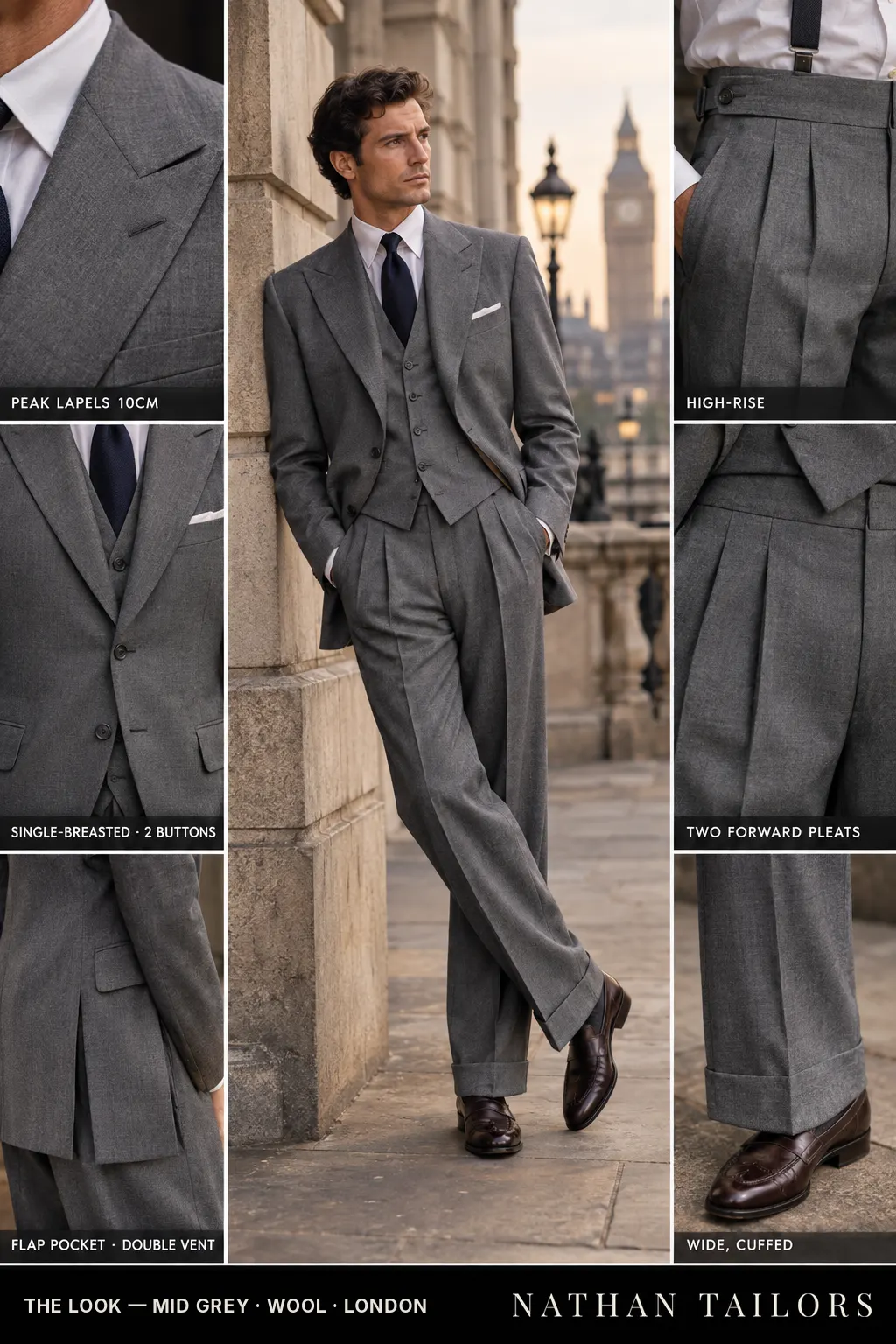 mid grey single-breasted bespoke suit โ custom tailored by Nathan Tailors, the Hoi An custom tailor