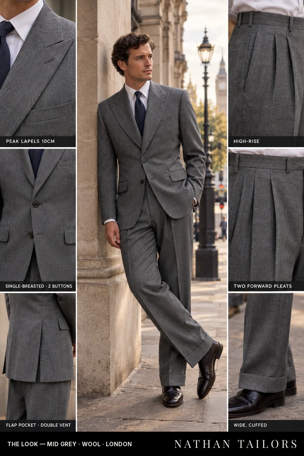mid grey single-breasted bespoke suit โ custom tailored by Nathan Tailors, the Hoi An custom tailor