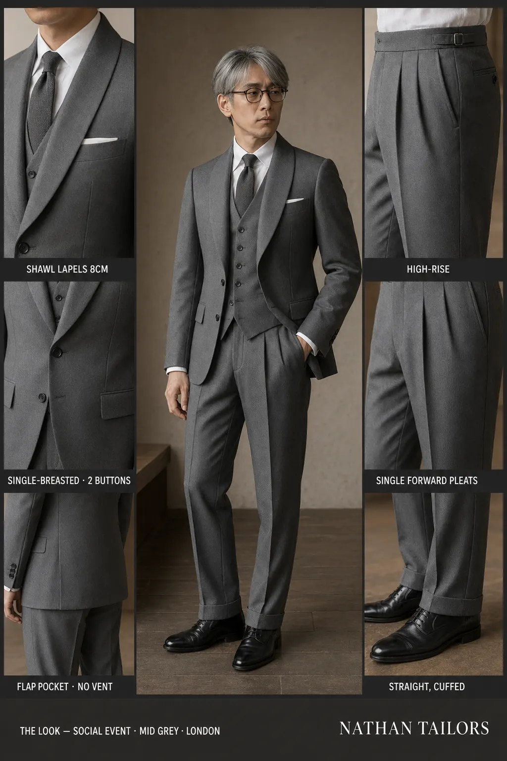 mid grey single-breasted shawl-lapel bespoke suit — AI-rendered by Nathan Tailors, the Hoi An custom tailor. Available as a custom tailored suit from $149.