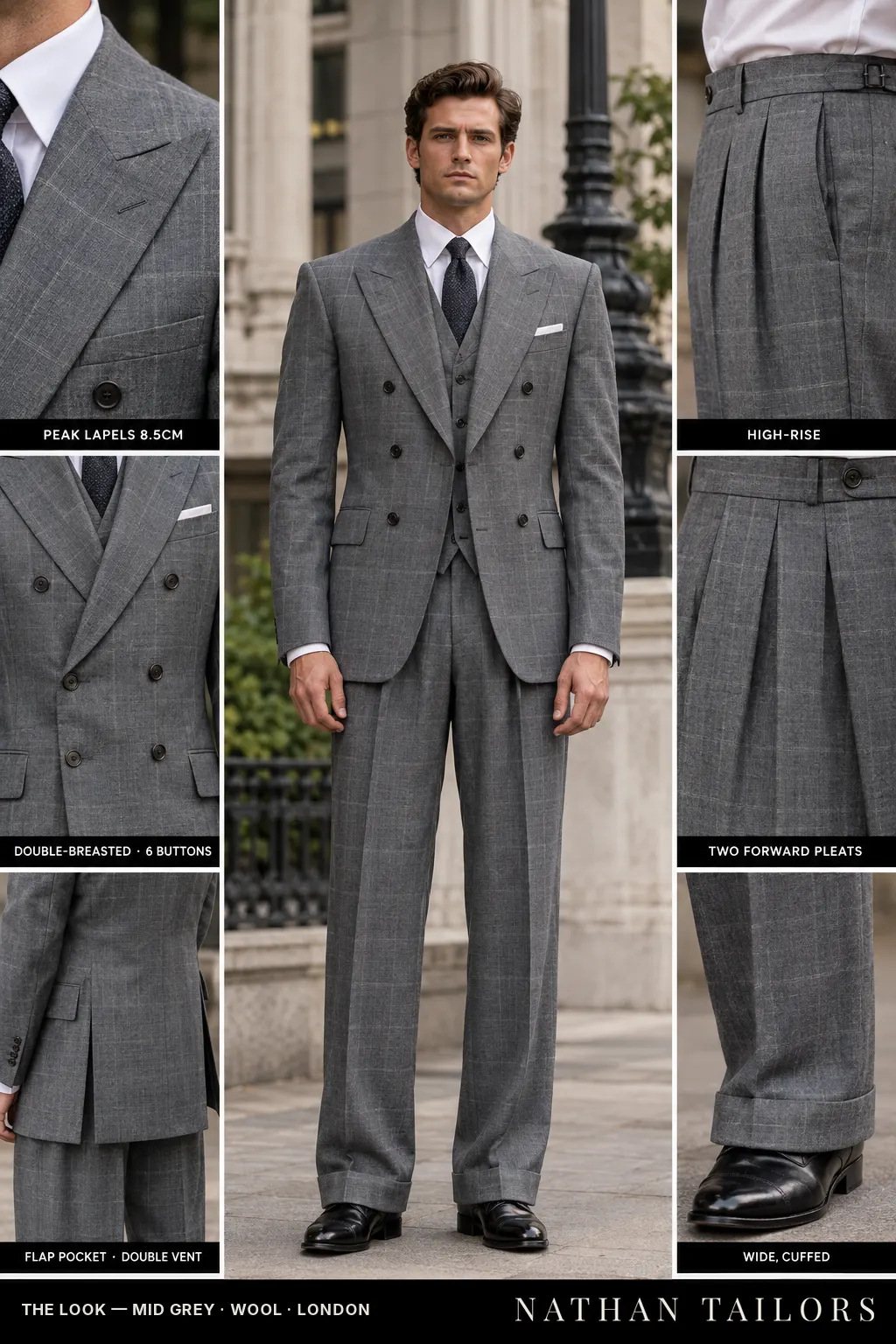 mid grey windowpane double-breasted bespoke suit โ custom tailored by Nathan Tailors, the Hoi An custom tailor