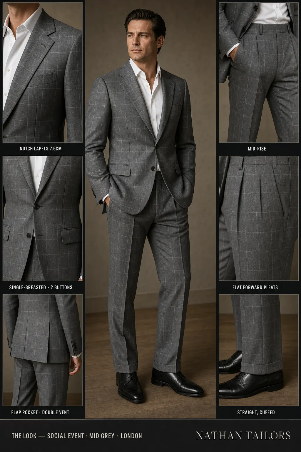 mid grey windowpane single-breasted notch-lapel bespoke suit โ AI-rendered by Nathan Tailors, the Hoi An custom tailor. Available as a custom tailored suit from $149.