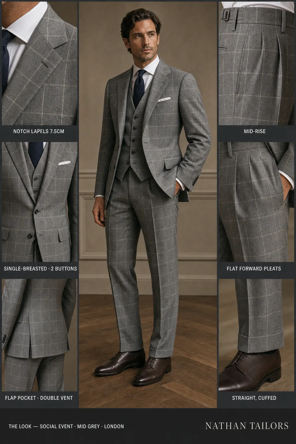 mid grey windowpane single-breasted notch-lapel bespoke suit โ AI-rendered by Nathan Tailors, the Hoi An custom tailor. Available as a custom tailored suit from $149.