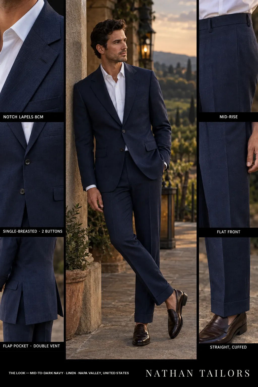 mid-to-dark navy single-breasted bespoke suit — custom tailored by Nathan Tailors, the Hoi An custom tailor