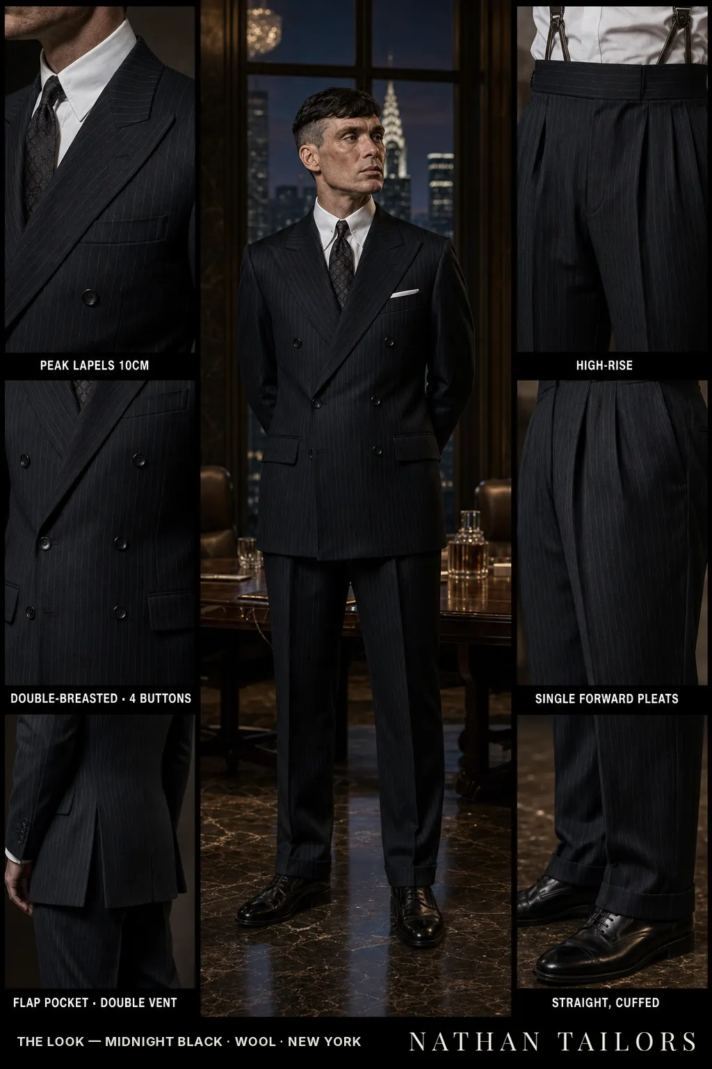 Midnight black pinstripe double-breasted peak-lapel bespoke suit โ AI-rendered by Nathan Tailors, the Hoi An custom tailor. Available as a custom tailored suit from $149.