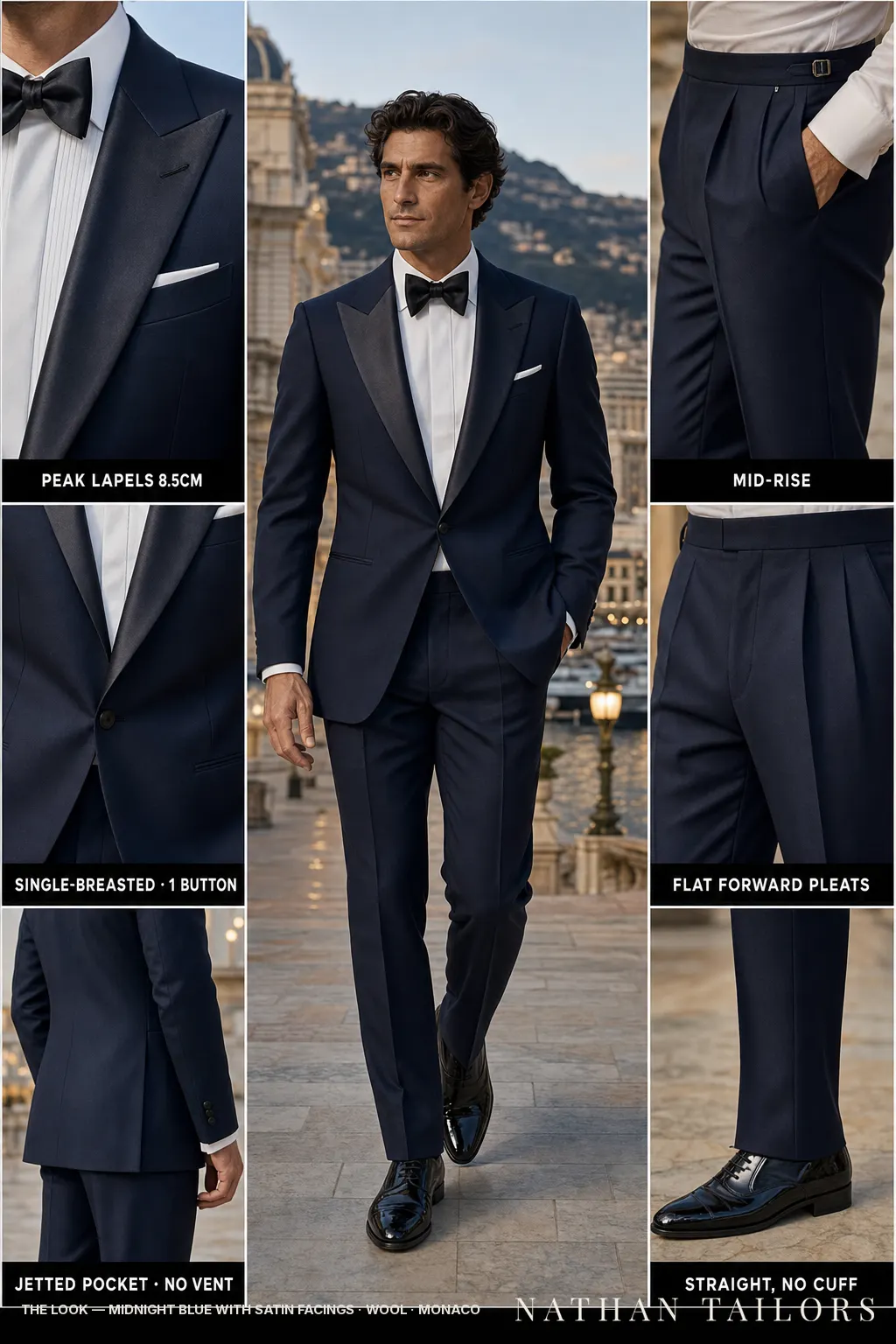 midnight blue with satin facings single-breasted peak-lapel bespoke suit — AI-rendered by Nathan Tailors, the Hoi An custom tailor. Available as a custom tailored suit from $149.