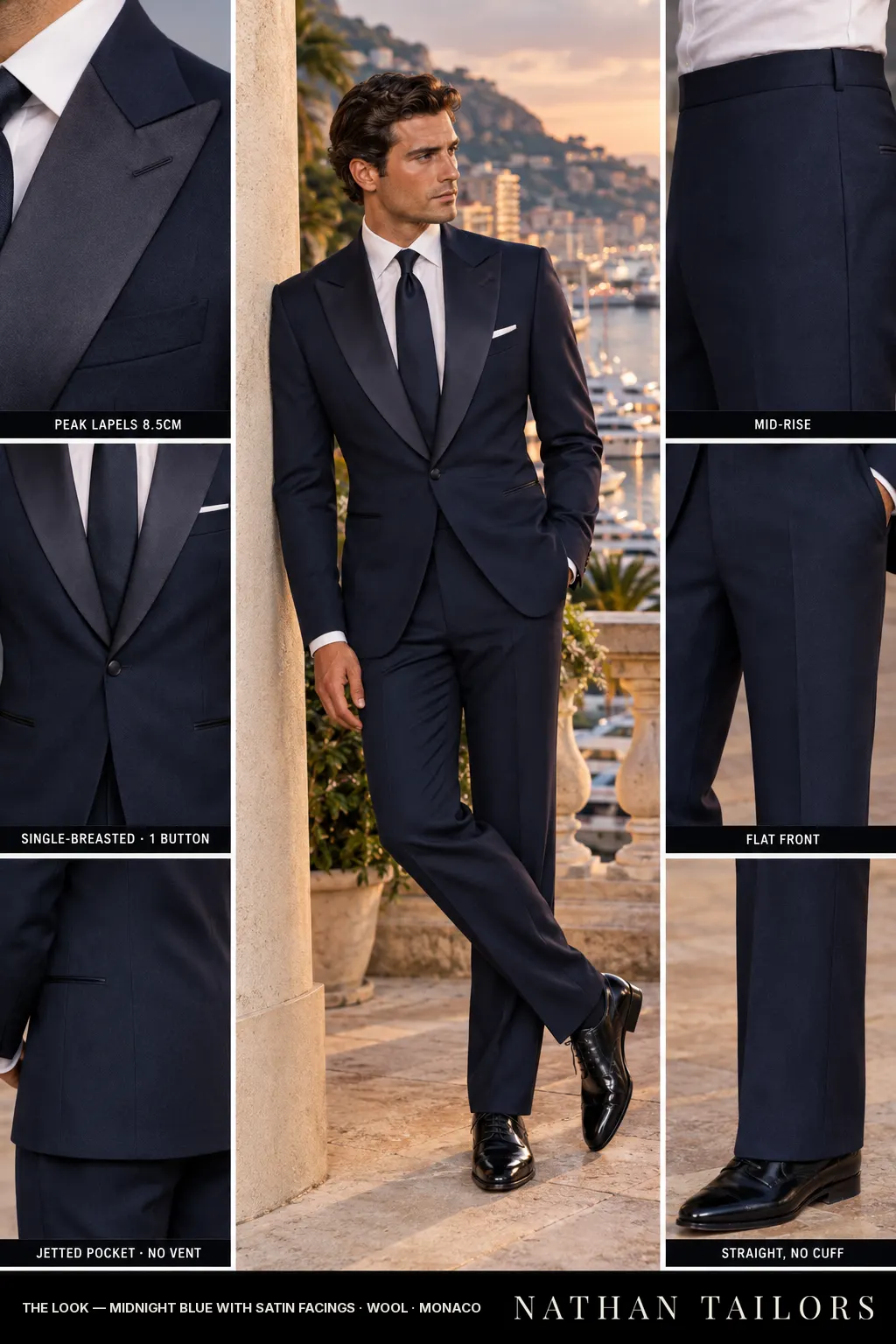 midnight blue with satin facings single-breasted bespoke suit โ custom tailored by Nathan Tailors, the Hoi An custom tailor