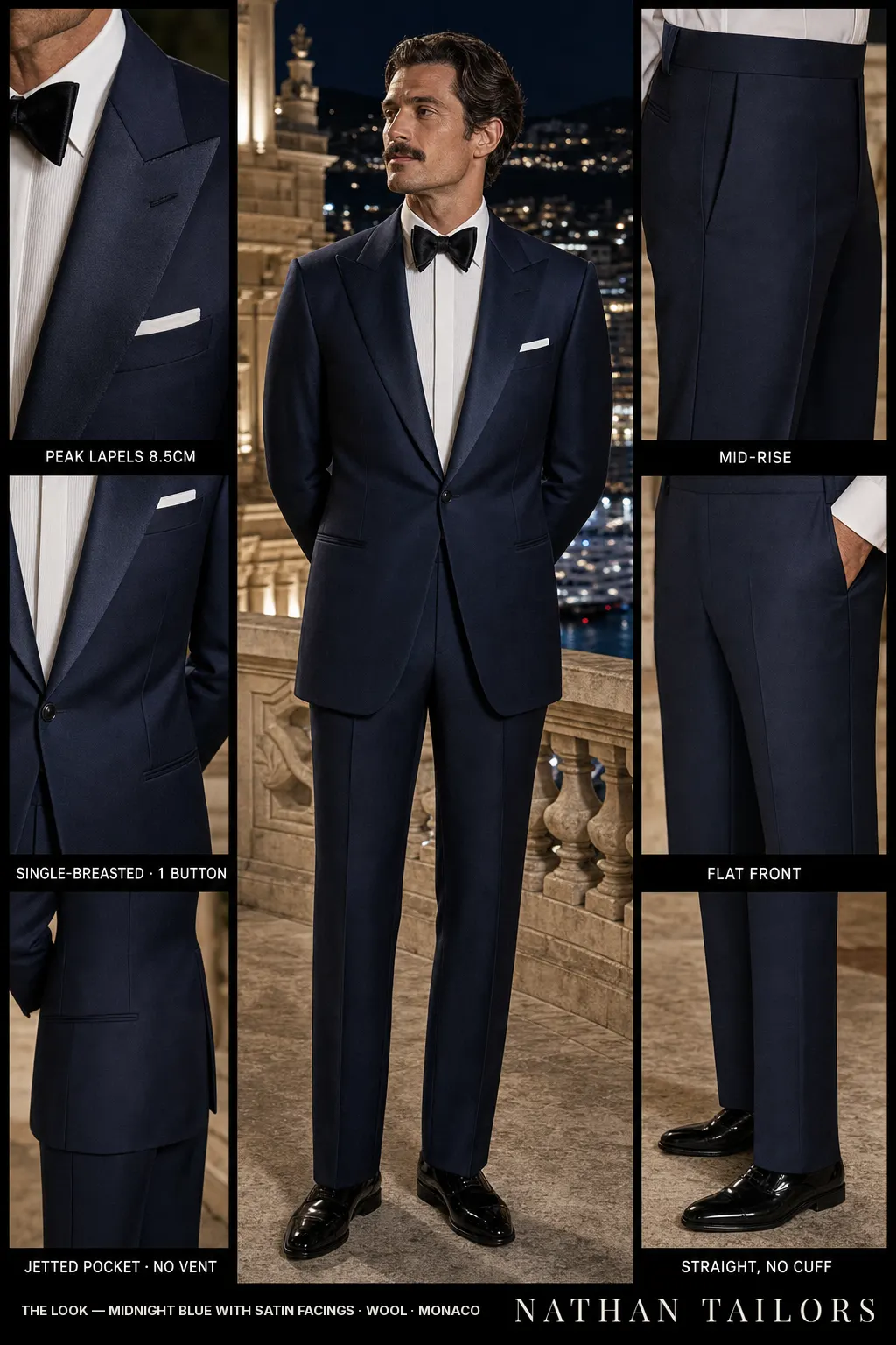 midnight blue with satin facings single-breasted peak-lapel bespoke suit โ AI-rendered by Nathan Tailors, the Hoi An custom tailor. Available as a custom tailored suit from $149.