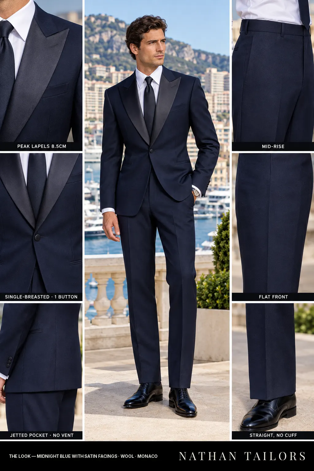 midnight blue with satin facings single-breasted bespoke suit — custom tailored by Nathan Tailors, the Hoi An custom tailor