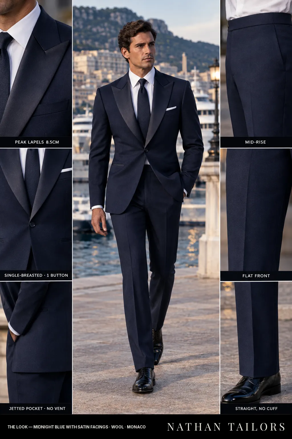 midnight blue with satin facings single-breasted bespoke suit โ custom tailored by Nathan Tailors, the Hoi An custom tailor