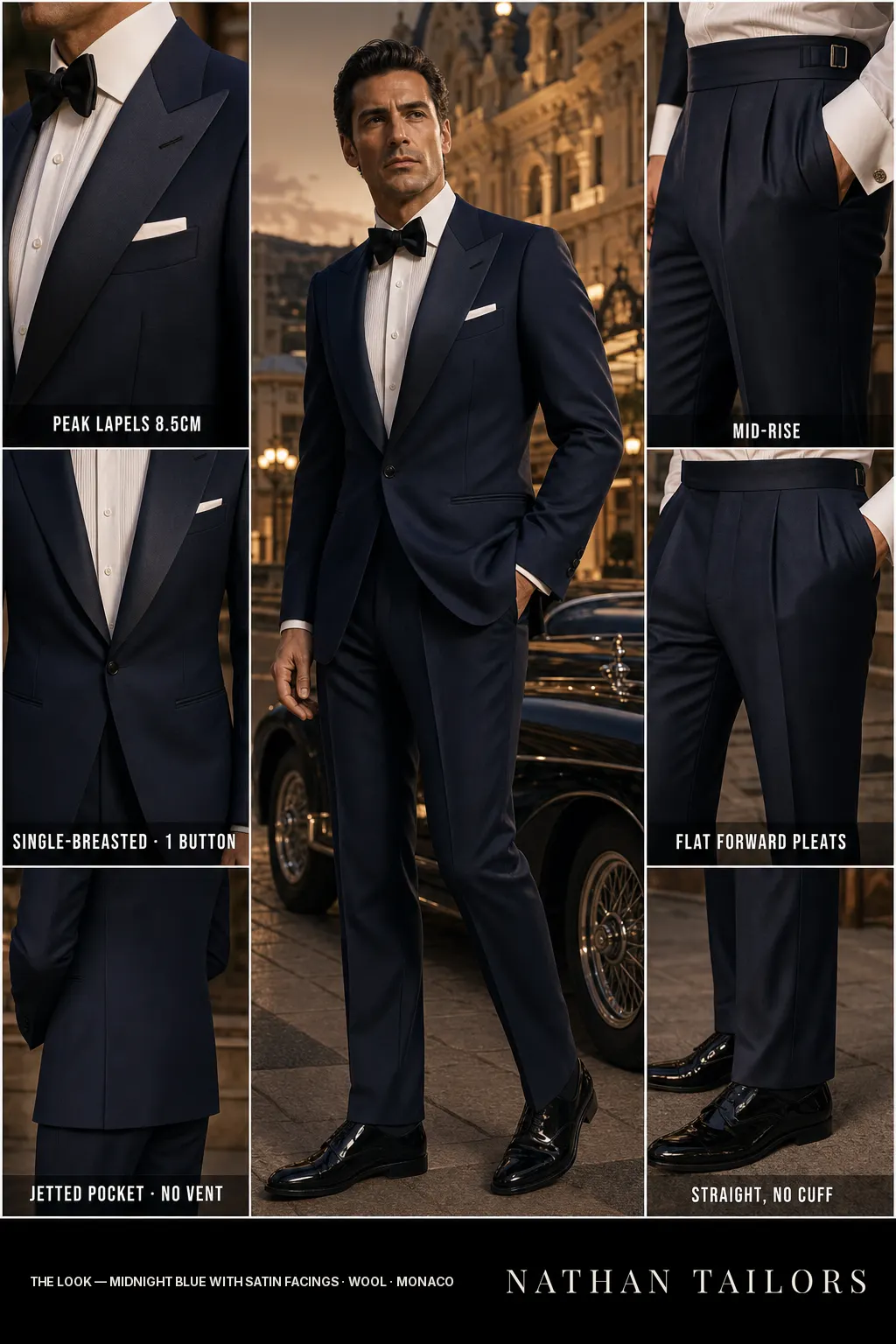 midnight blue with satin facings single-breasted peak-lapel bespoke suit — AI-rendered by Nathan Tailors, the Hoi An custom tailor. Available as a custom tailored suit from $149.