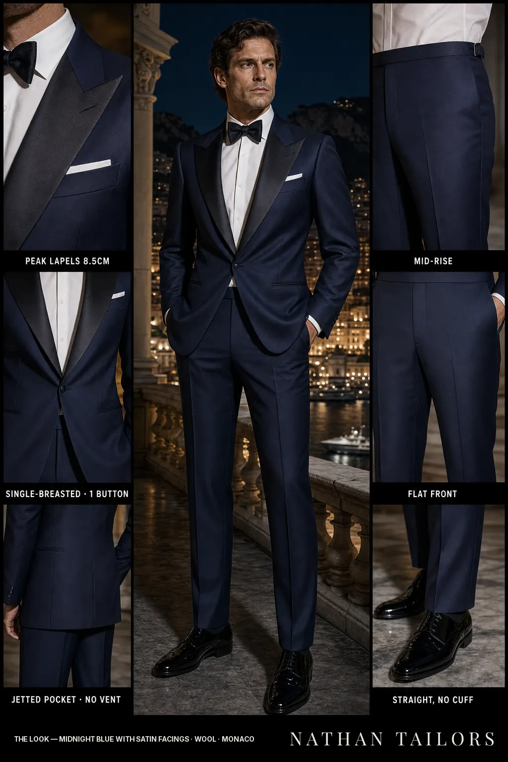 midnight blue with satin facings single-breasted peak-lapel bespoke suit — AI-rendered by Nathan Tailors, the Hoi An custom tailor. Available as a custom tailored suit from $149.