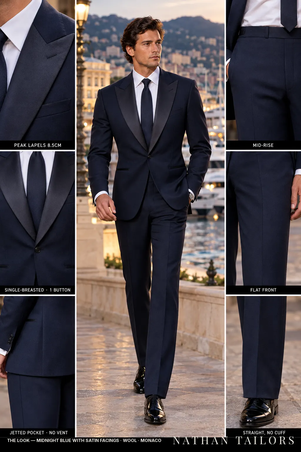 midnight blue with satin facings single-breasted bespoke suit โ custom tailored by Nathan Tailors, the Hoi An custom tailor