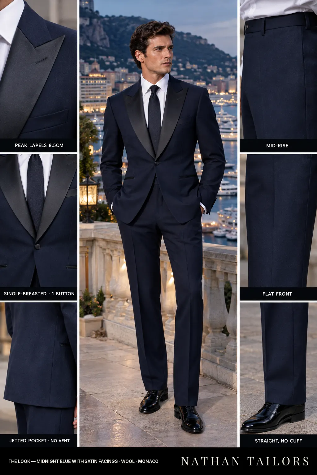 midnight blue with satin facings single-breasted bespoke suit — custom tailored by Nathan Tailors, the Hoi An custom tailor
