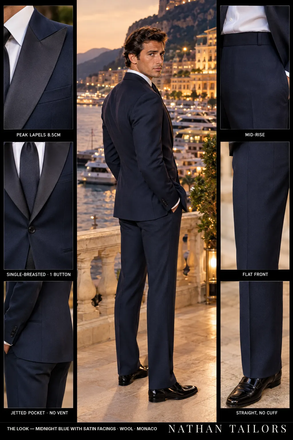 midnight blue with satin facings single-breasted peak-lapel bespoke suit โ AI-rendered by Nathan Tailors, the Hoi An custom tailor. Available as a custom tailored suit from $149.
