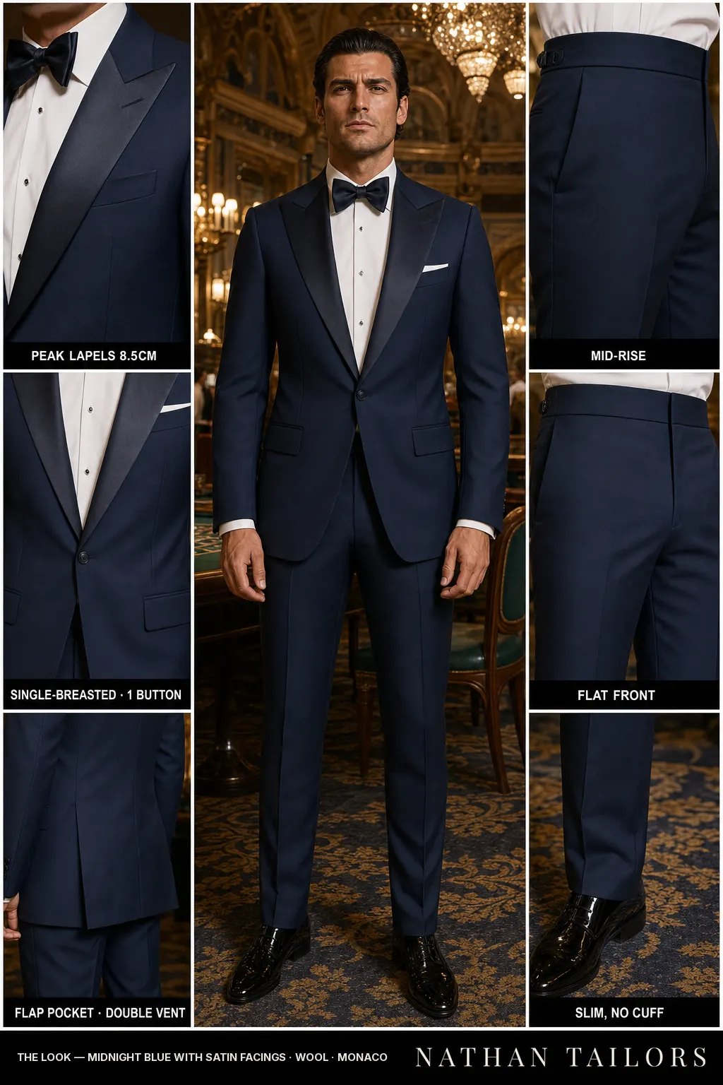 midnight blue with satin facings single-breasted peak-lapel bespoke suit — AI-rendered by Nathan Tailors, the Hoi An custom tailor. Available as a custom tailored suit from $149.