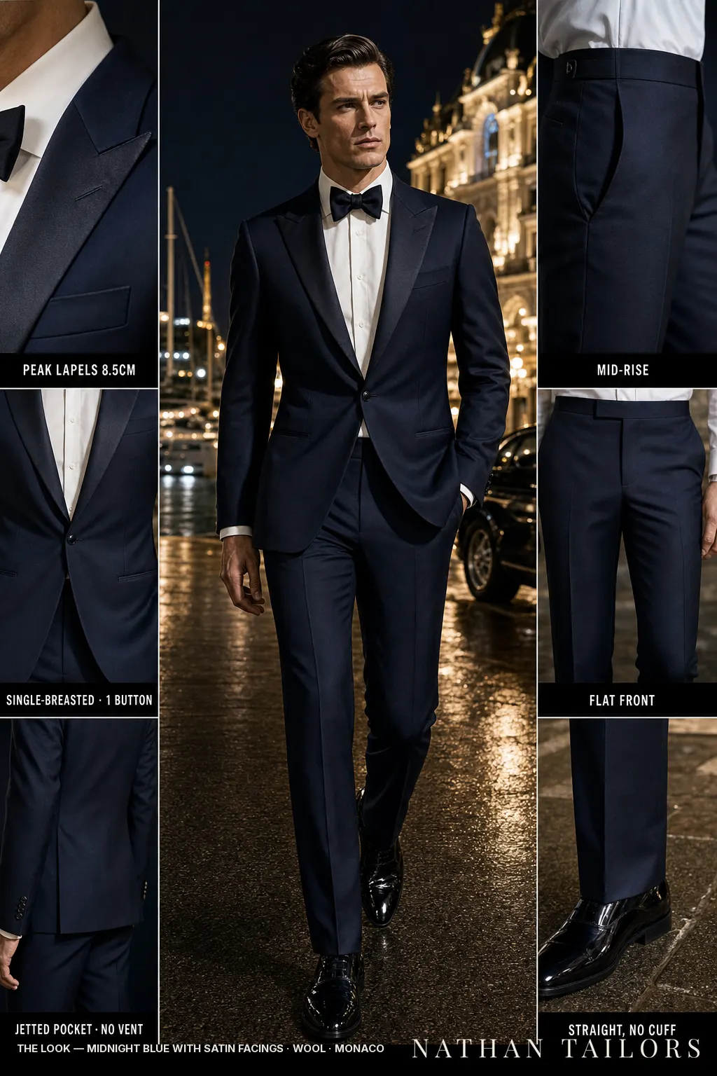 midnight blue with satin facings single-breasted bespoke suit — custom tailored by Nathan Tailors, the Hoi An custom tailor
