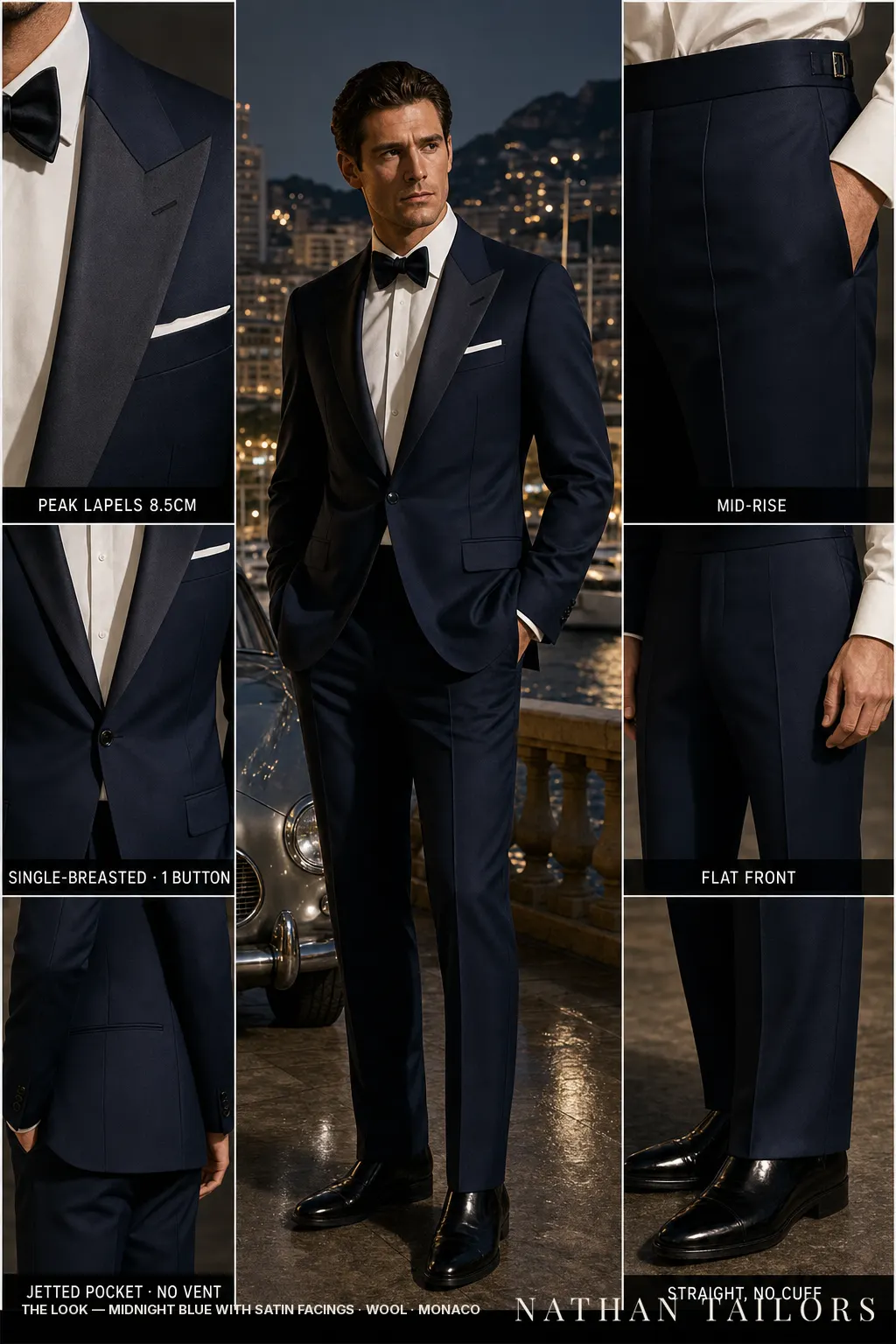 midnight blue with satin facings single-breasted peak-lapel bespoke suit — AI-rendered by Nathan Tailors, the Hoi An custom tailor. Available as a custom tailored suit from $149.