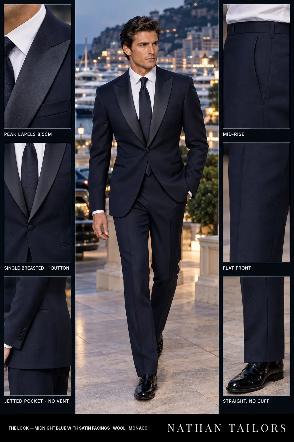 midnight blue with satin facings single-breasted bespoke suit — custom tailored by Nathan Tailors, the Hoi An custom tailor