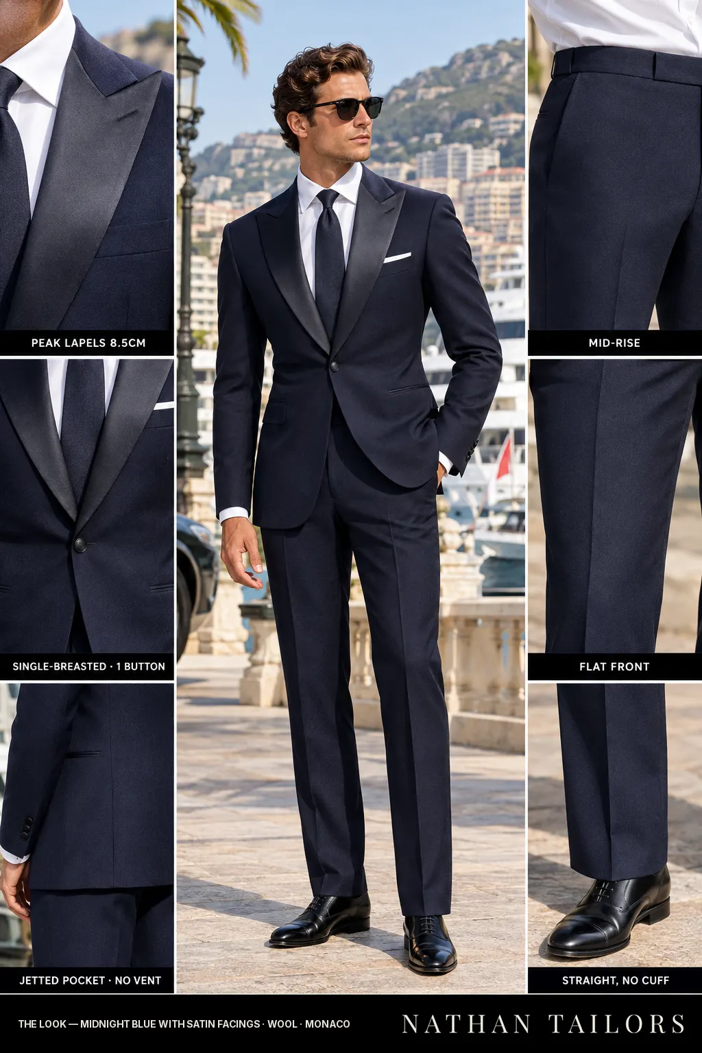 midnight blue with satin facings single-breasted bespoke suit — custom tailored by Nathan Tailors, the Hoi An custom tailor