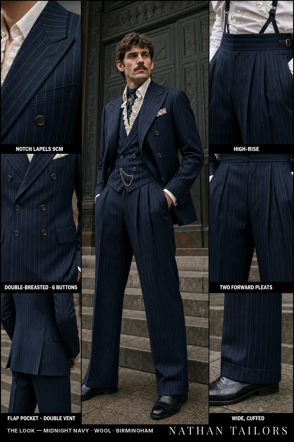midnight navy chalk stripe double-breasted notch-lapel bespoke suit — AI-rendered by Nathan Tailors, the Hoi An custom tailor. Available as a custom tailored suit from $149.