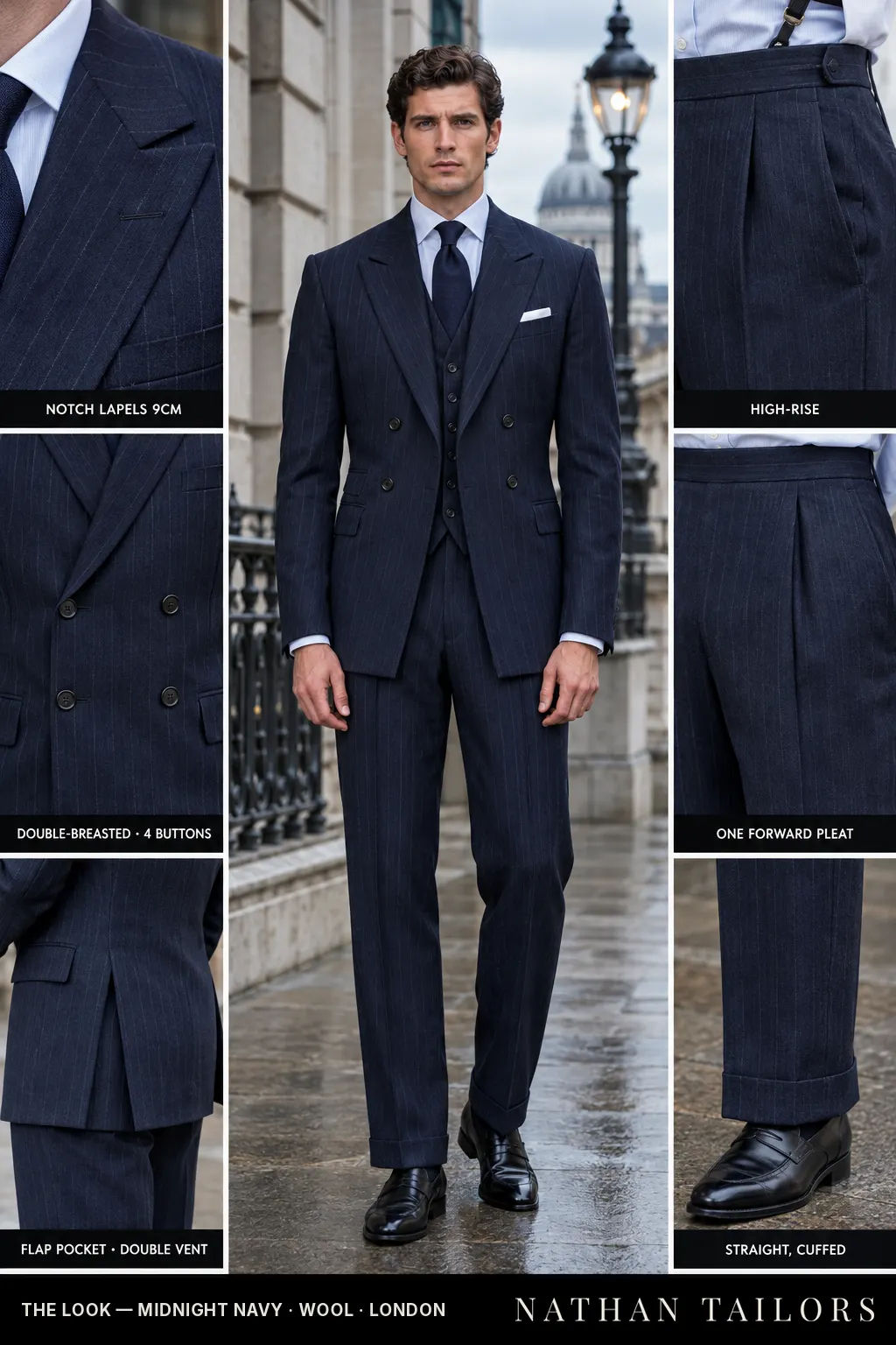 midnight navy chalk stripe double-breasted notch-lapel bespoke suit — AI-rendered by Nathan Tailors, the Hoi An custom tailor. Available as a custom tailored suit from $149.