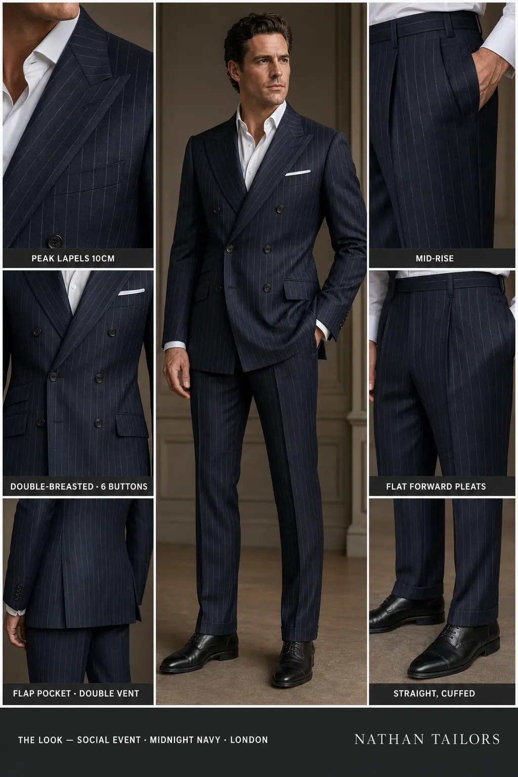 midnight navy chalk stripe double-breasted peak-lapel bespoke suit — AI-rendered by Nathan Tailors, the Hoi An custom tailor. Available as a custom tailored suit from $149.