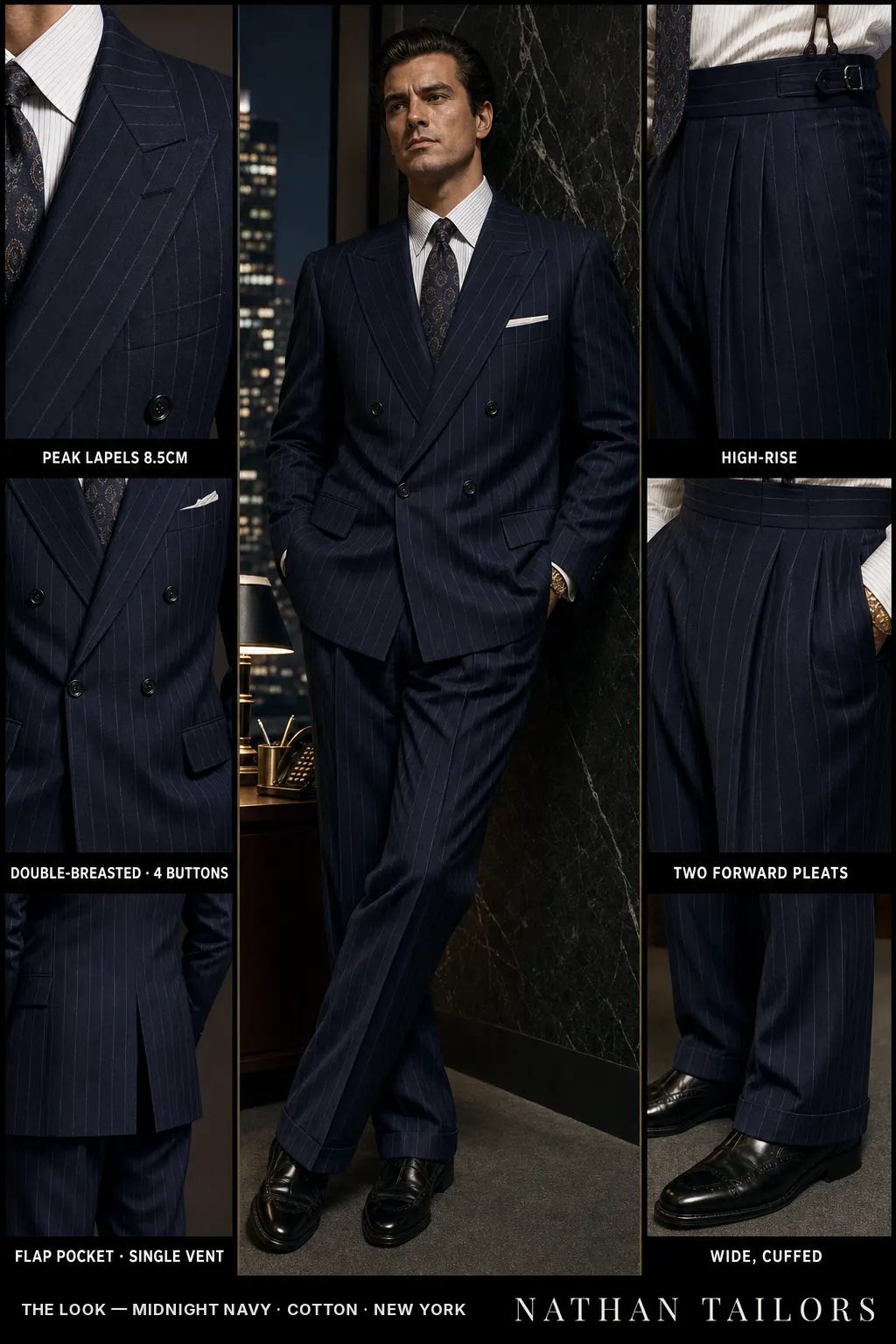 midnight navy chalk stripe double-breasted peak-lapel bespoke suit โ AI-rendered by Nathan Tailors, the Hoi An custom tailor. Available as a custom tailored suit from $149.