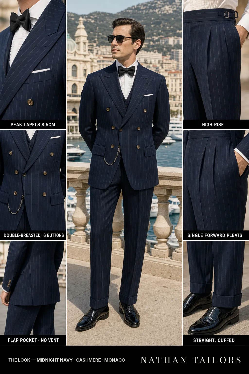 midnight navy chalk stripe double-breasted peak-lapel bespoke suit โ AI-rendered by Nathan Tailors, the Hoi An custom tailor. Available as a custom tailored suit from $149.
