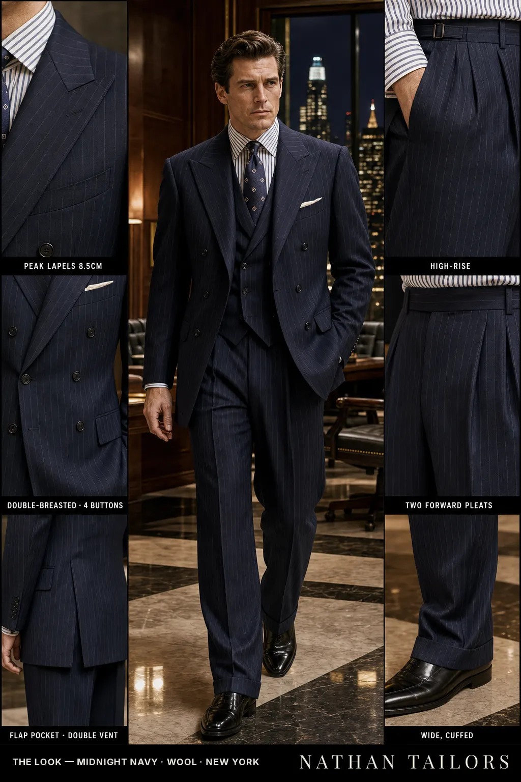 midnight navy chalk stripe double-breasted peak-lapel bespoke suit โ AI-rendered by Nathan Tailors, the Hoi An custom tailor. Available as a custom tailored suit from $149.