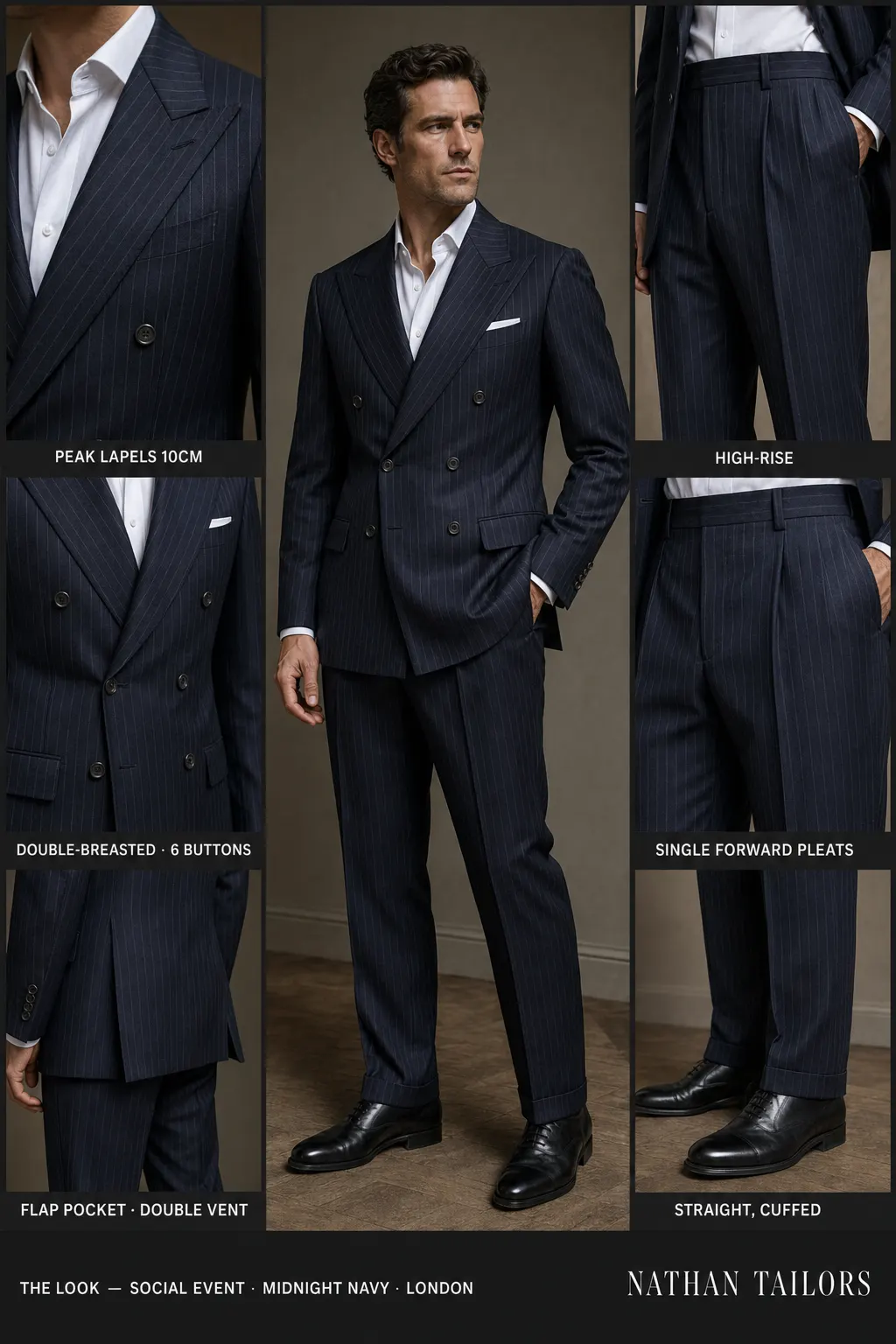 midnight navy chalk stripe double-breasted peak-lapel bespoke suit โ AI-rendered by Nathan Tailors, the Hoi An custom tailor. Available as a custom tailored suit from $149.