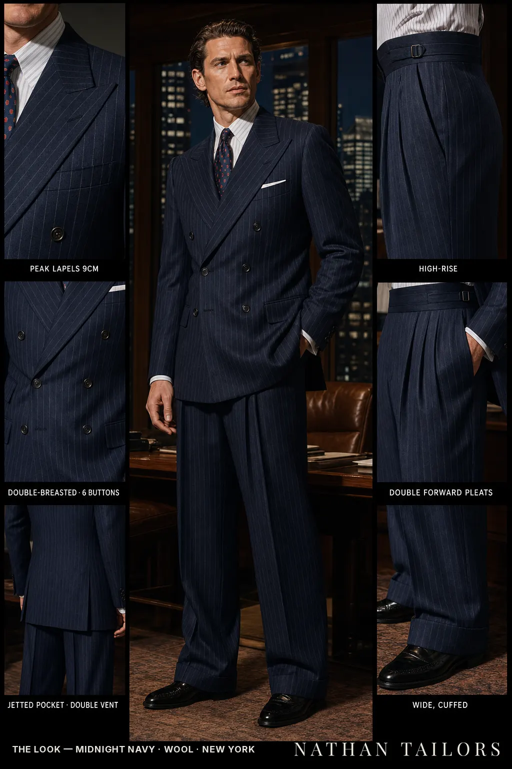 midnight navy chalk stripe double-breasted peak-lapel bespoke suit โ AI-rendered by Nathan Tailors, the Hoi An custom tailor. Available as a custom tailored suit from $149.
