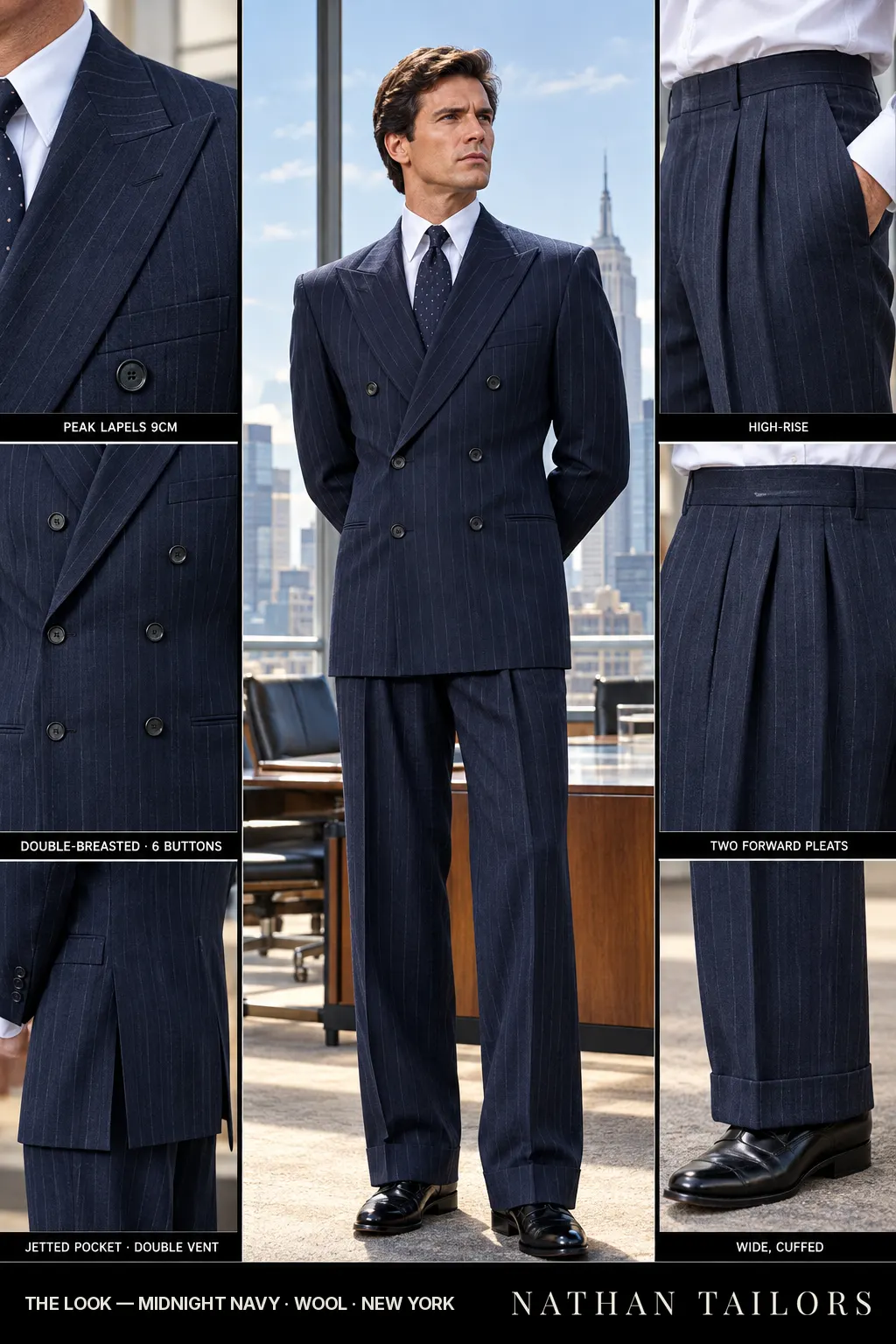 midnight navy chalk stripe double-breasted peak-lapel bespoke suit โ AI-rendered by Nathan Tailors, the Hoi An custom tailor. Available as a custom tailored suit from $149.