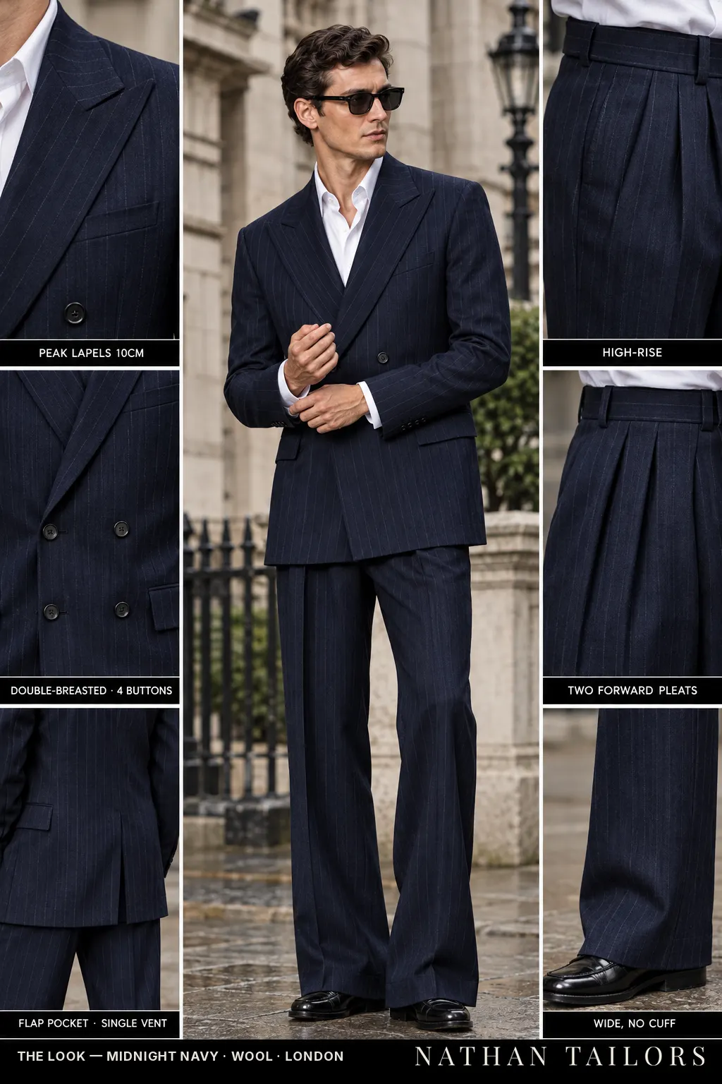 midnight navy chalk stripe double-breasted peak-lapel bespoke suit โ AI-rendered by Nathan Tailors, the Hoi An custom tailor. Available as a custom tailored suit from $149.