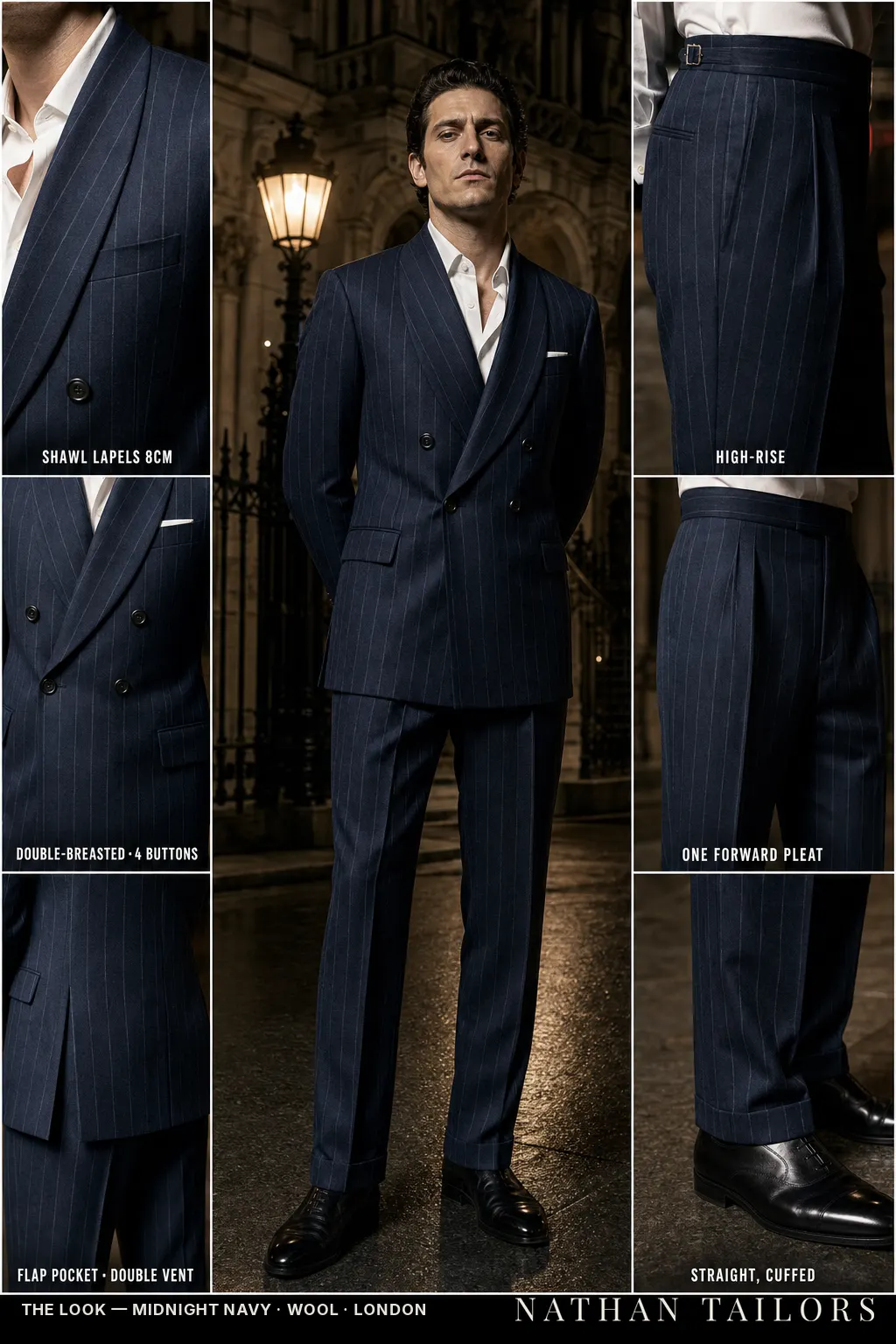 midnight navy chalk stripe double-breasted shawl-lapel bespoke suit — AI-rendered by Nathan Tailors, the Hoi An custom tailor. Available as a custom tailored suit from $149.