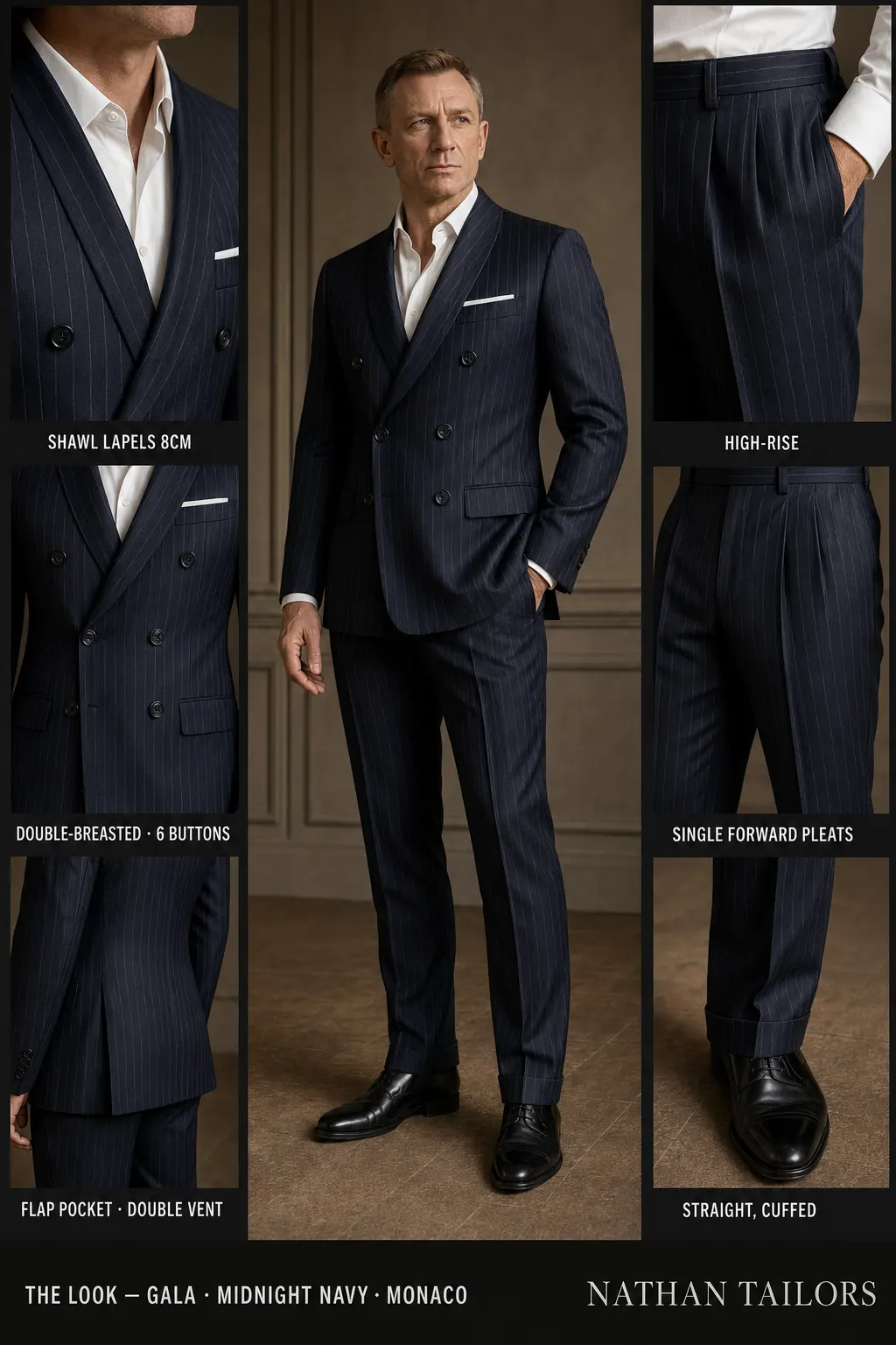midnight navy chalk stripe double-breasted shawl-lapel bespoke suit — AI-rendered by Nathan Tailors, the Hoi An custom tailor. Available as a custom tailored suit from $149.