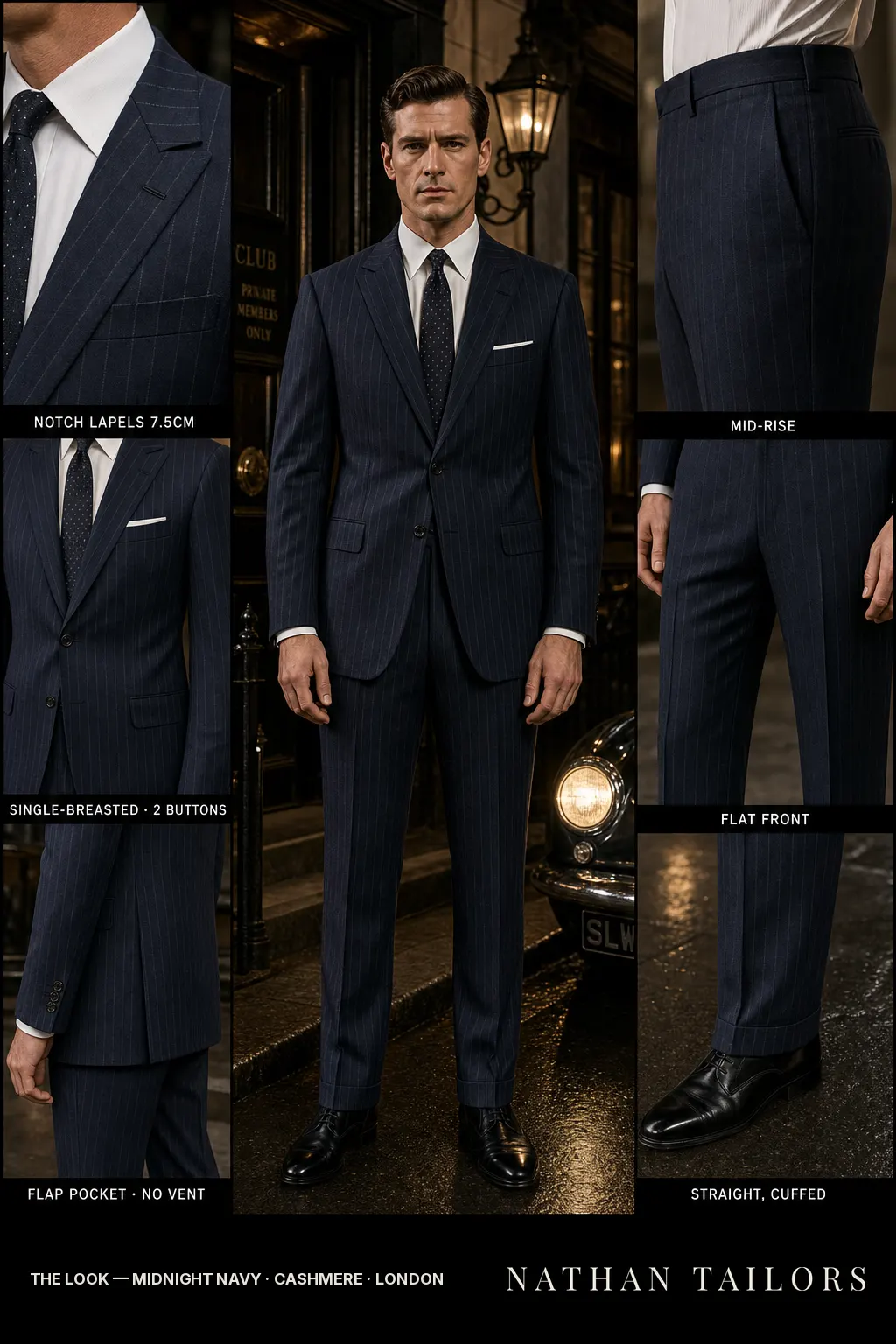 midnight navy chalk stripe single-breasted notch-lapel bespoke suit — AI-rendered by Nathan Tailors, the Hoi An custom tailor. Available as a custom tailored suit from $149.