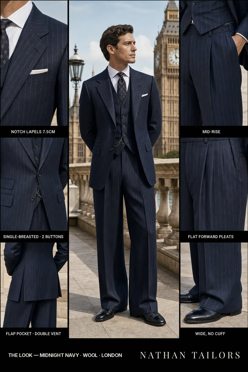 midnight navy chalk stripe single-breasted notch-lapel bespoke suit — AI-rendered by Nathan Tailors, the Hoi An custom tailor. Available as a custom tailored suit from $149.