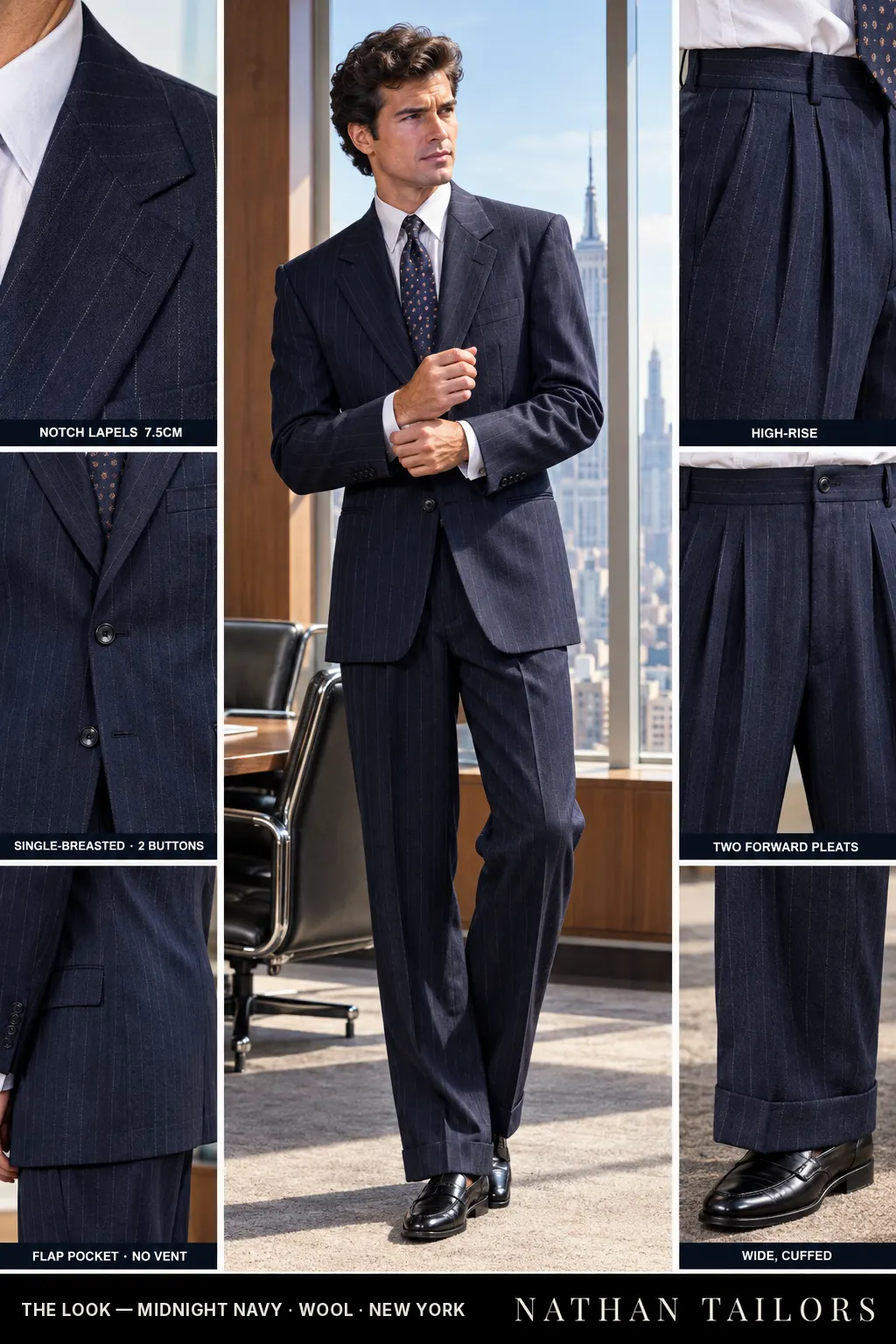 midnight navy chalk stripe single-breasted notch-lapel bespoke suit โ AI-rendered by Nathan Tailors, the Hoi An custom tailor. Available as a custom tailored suit from $149.