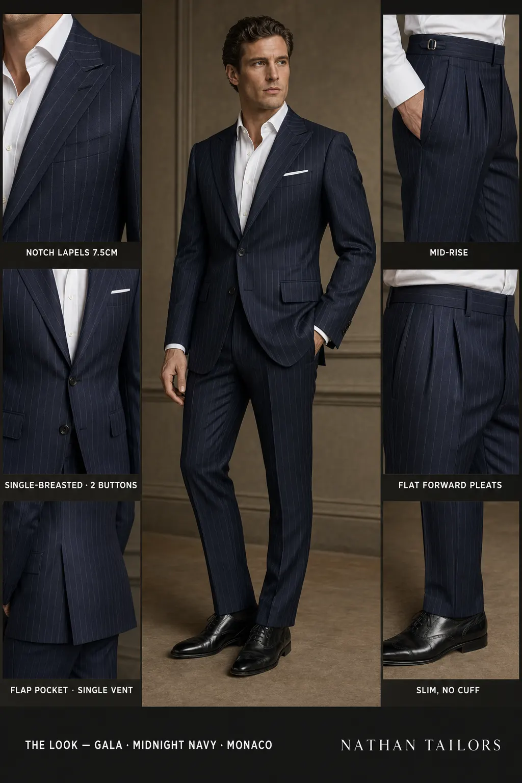 midnight navy chalk stripe single-breasted notch-lapel bespoke suit — AI-rendered by Nathan Tailors, the Hoi An custom tailor. Available as a custom tailored suit from $149.