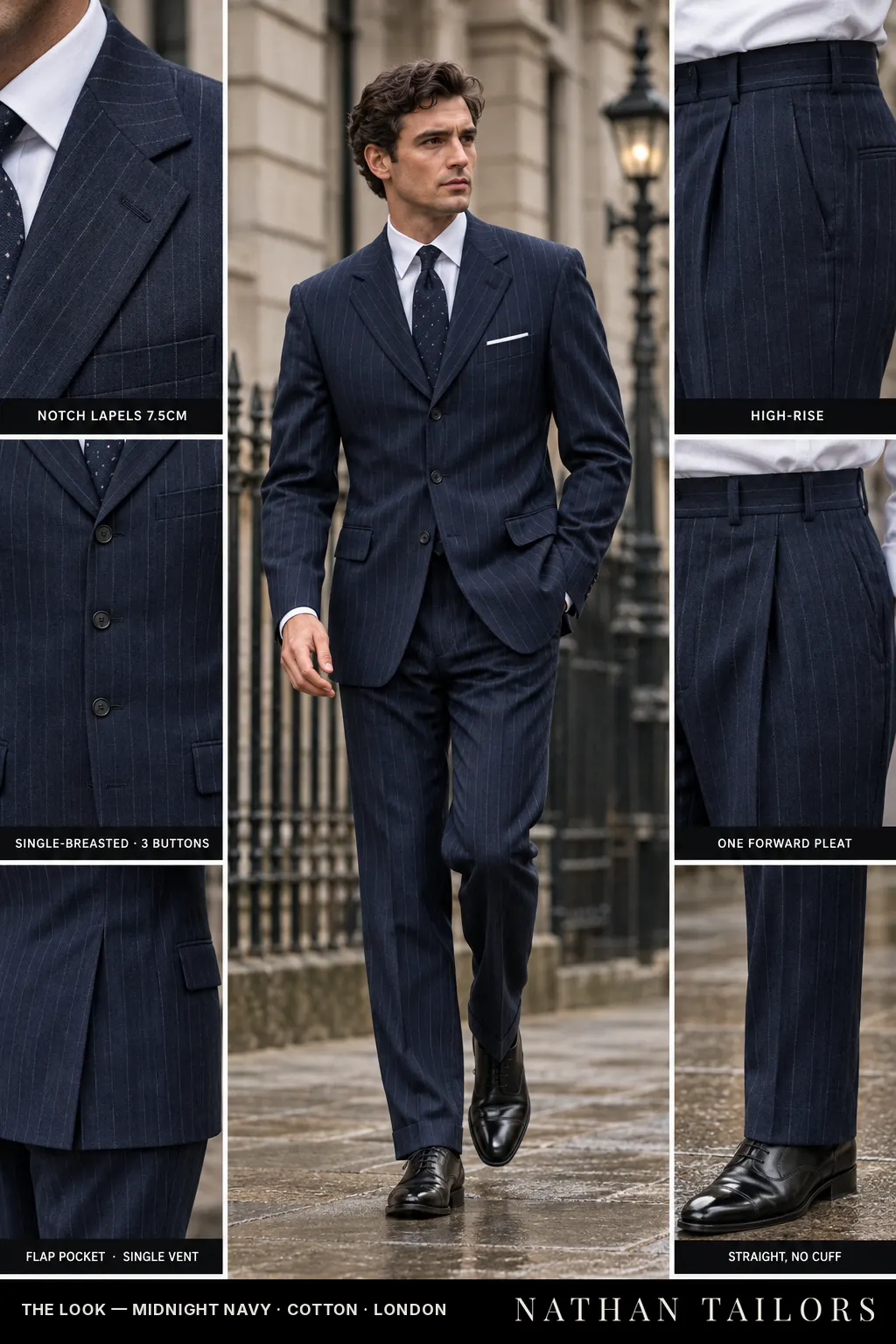 midnight navy chalk stripe single-breasted notch-lapel bespoke suit — AI-rendered by Nathan Tailors, the Hoi An custom tailor. Available as a custom tailored suit from $149.
